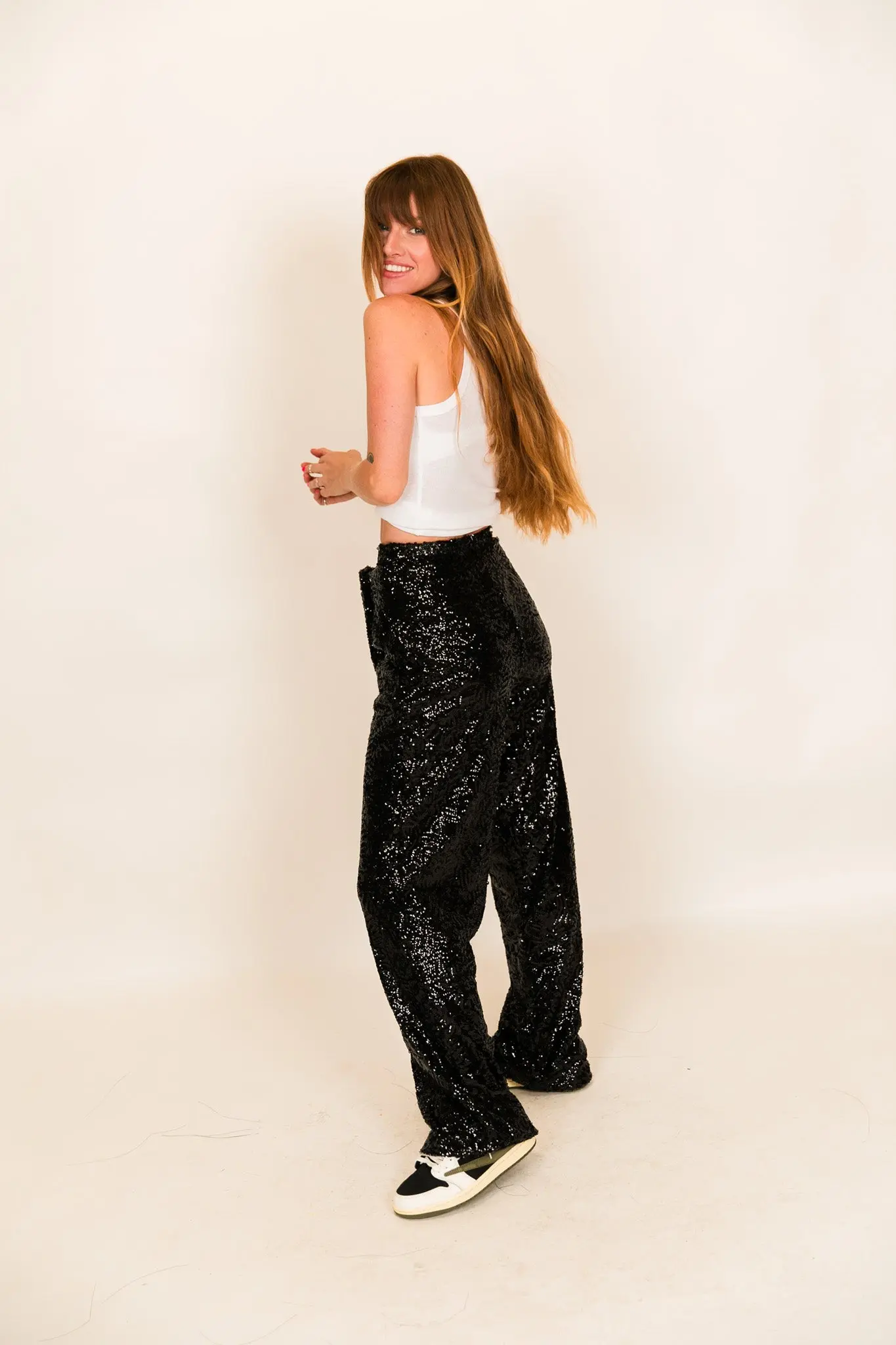 Black High Waisted Sequin Party Pants - Image 3