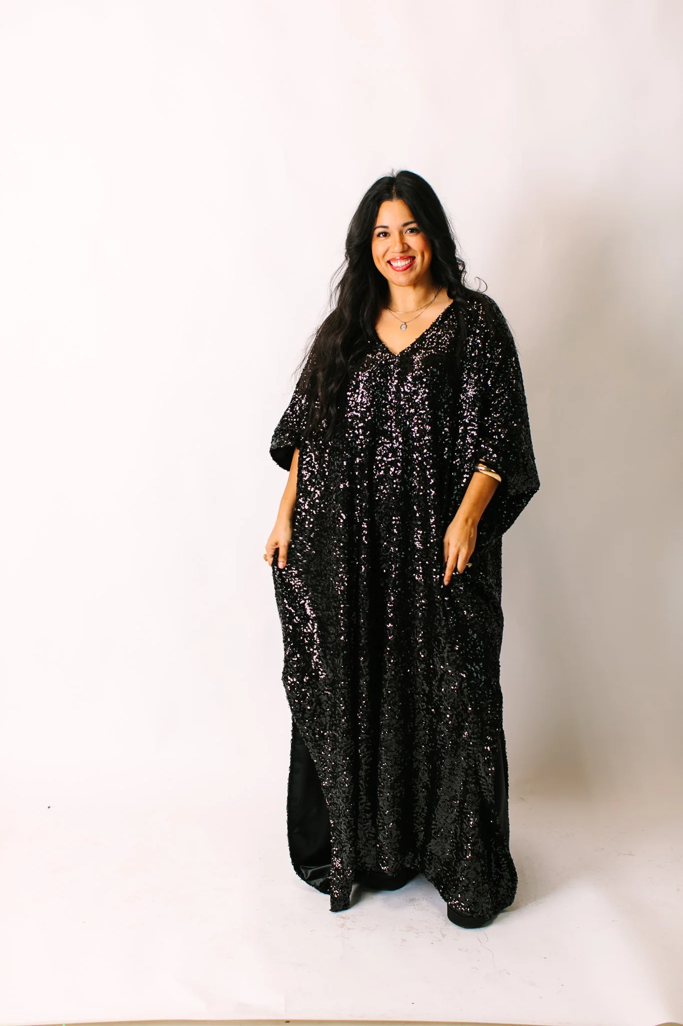Black Sequin Long Caftan Satin Lined