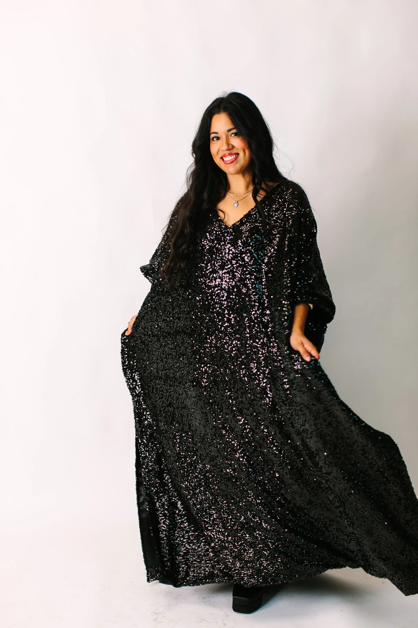 Black Sequin Long Caftan Satin Lined - Image 10