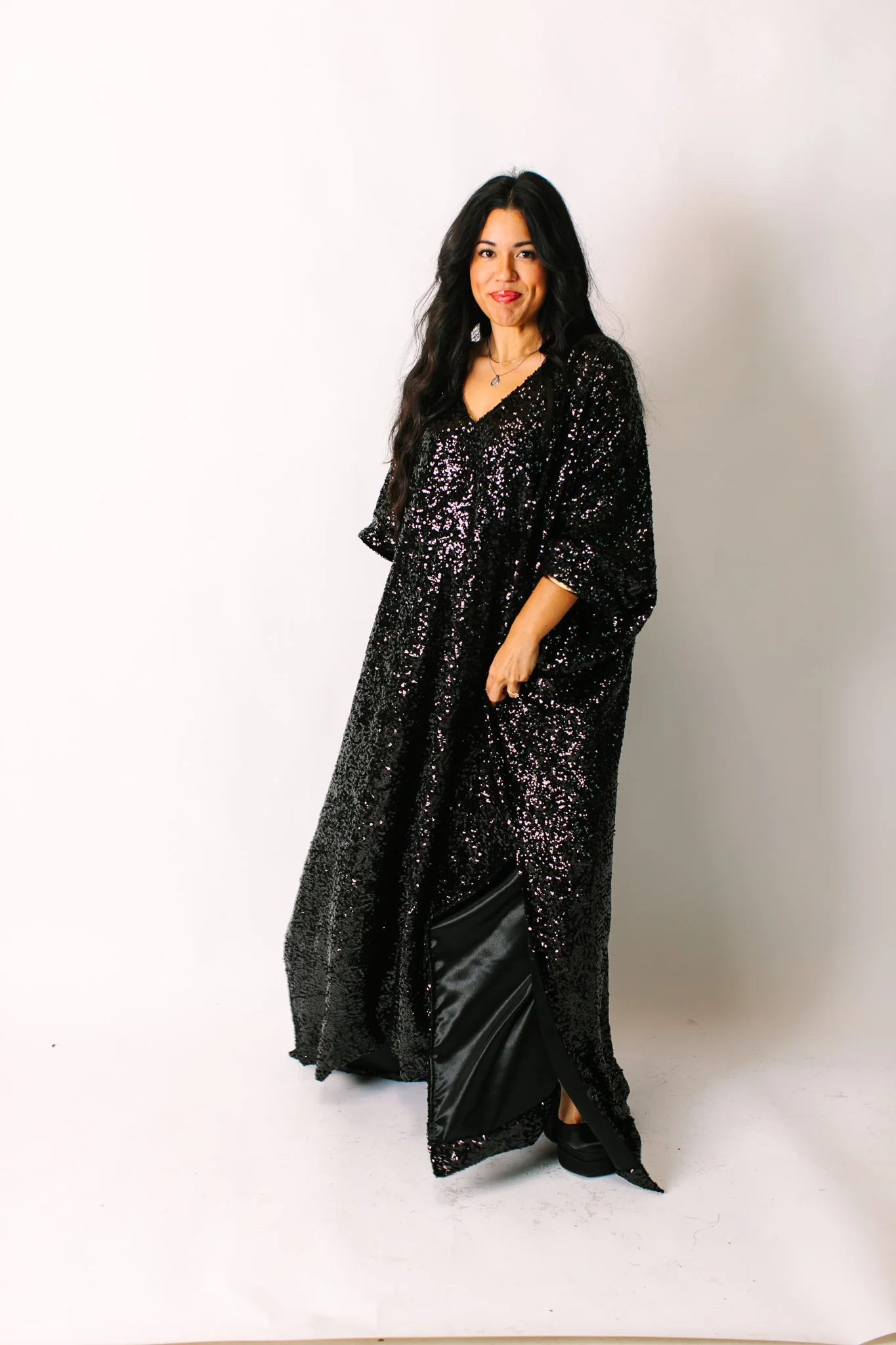 Black Sequin Long Caftan Satin Lined - Image 4