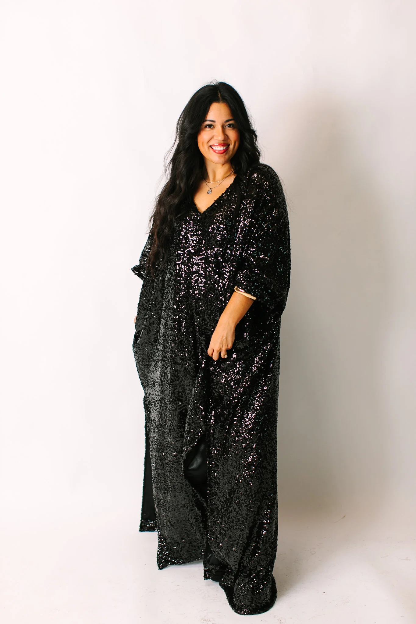 Black Sequin Long Caftan Satin Lined - Image 5