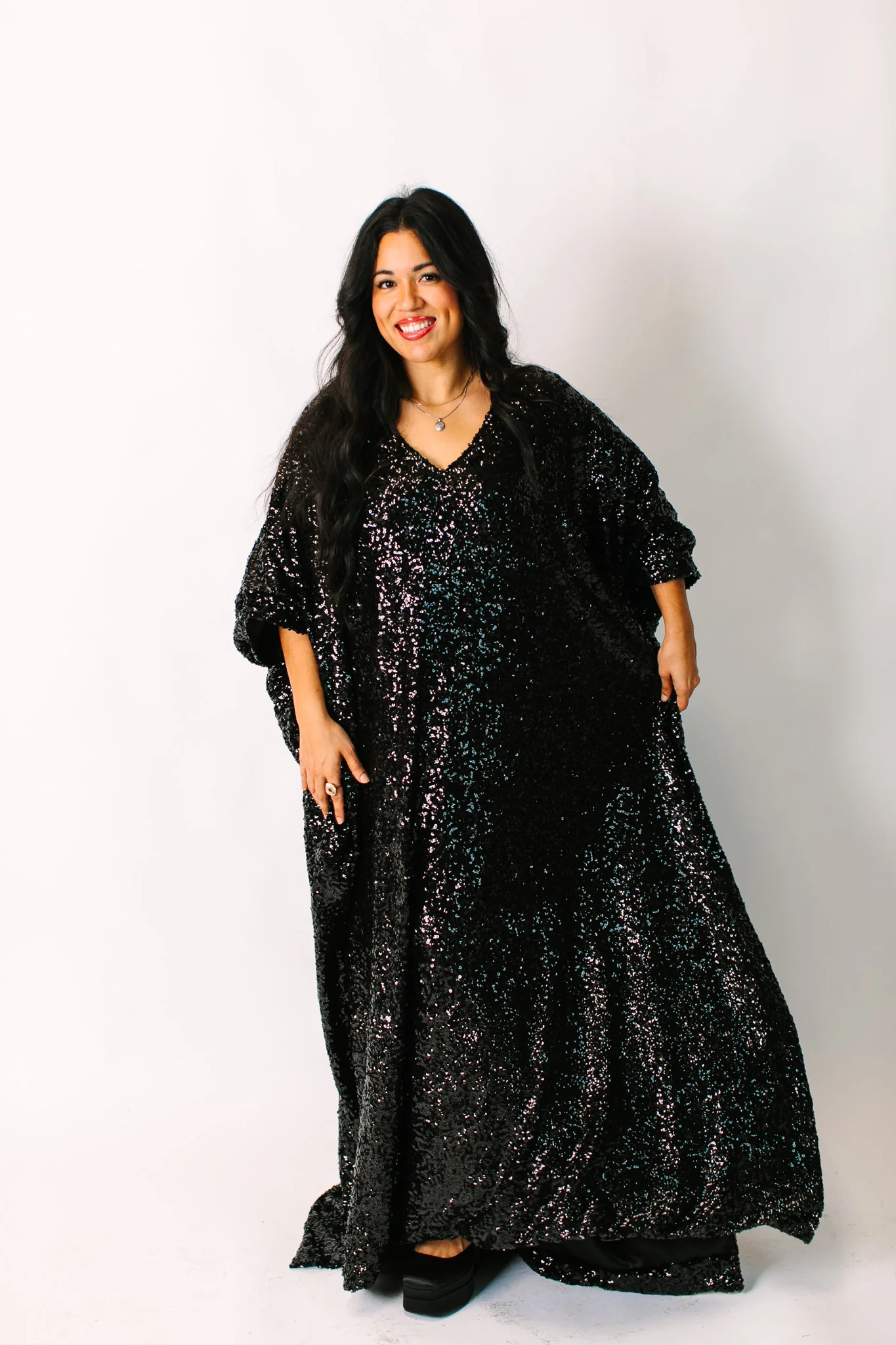 Black Sequin Long Caftan Satin Lined - Image 6