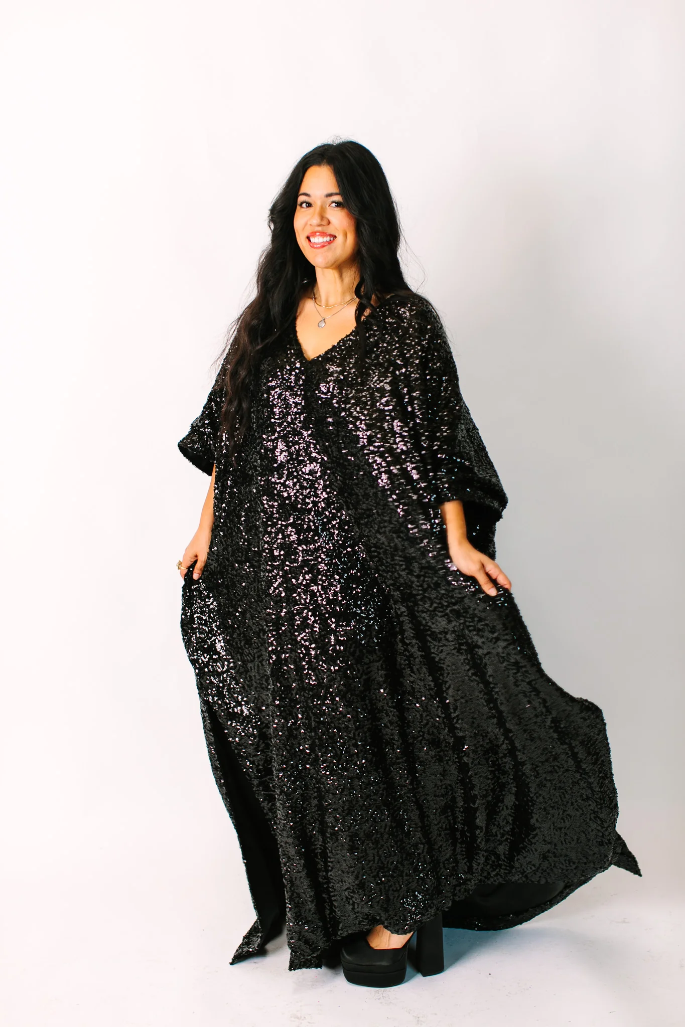 Black Sequin Long Caftan Satin Lined - Image 7