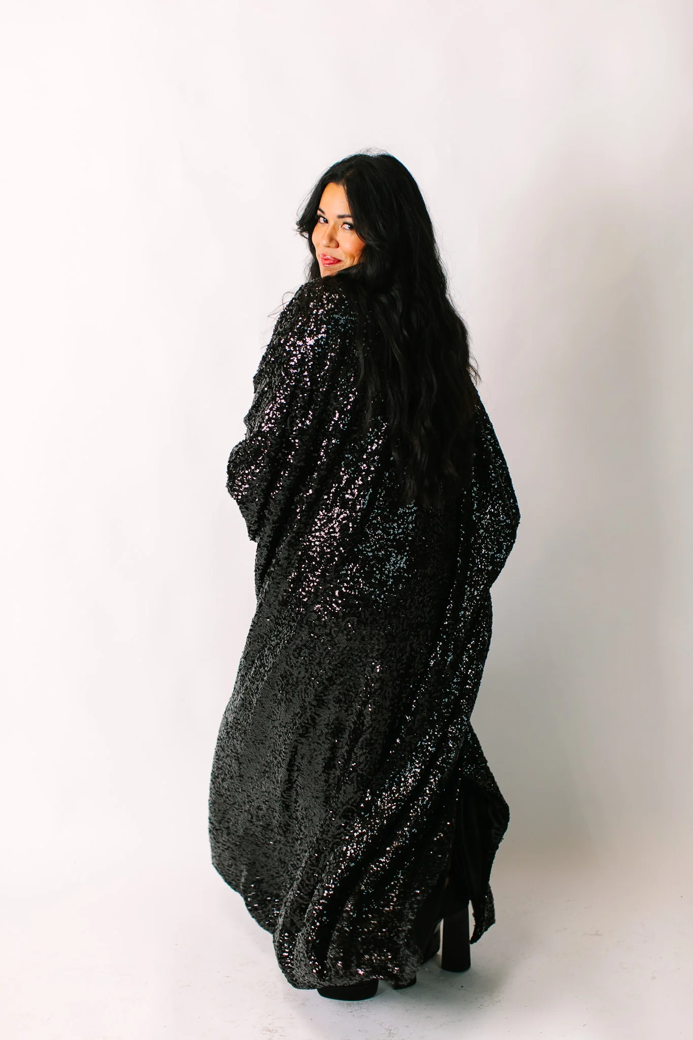 Black Sequin Long Caftan Satin Lined - Image 8