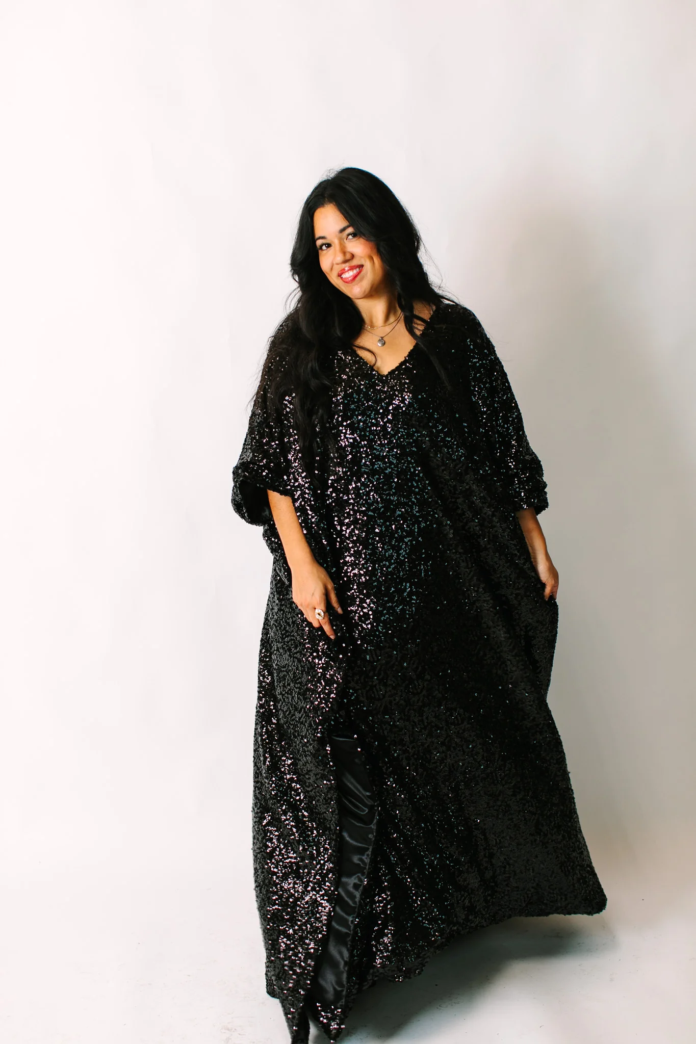 Black Sequin Long Caftan Satin Lined - Image 9