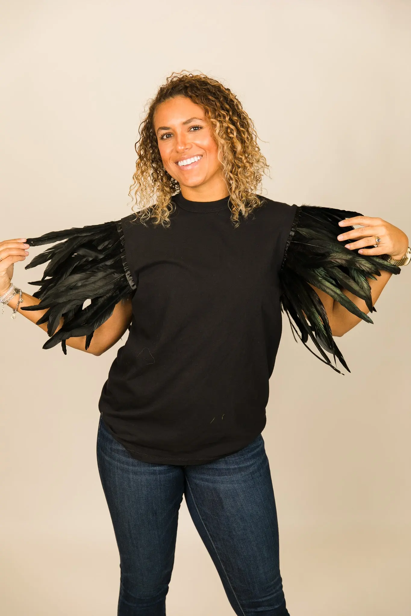 Black Tee with Black Feather Sleeve