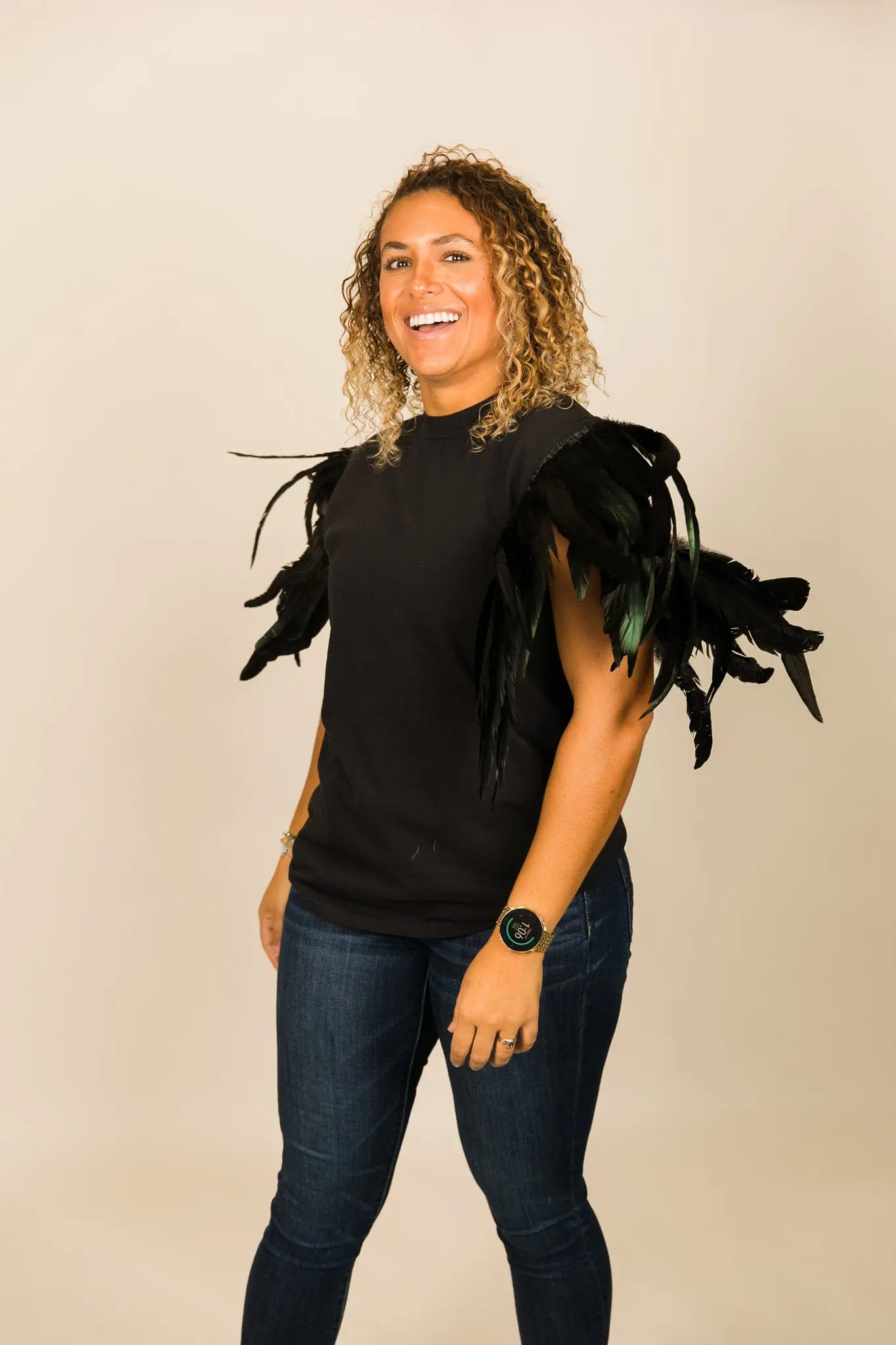 Black Tee with Black Feather Sleeve - Image 3