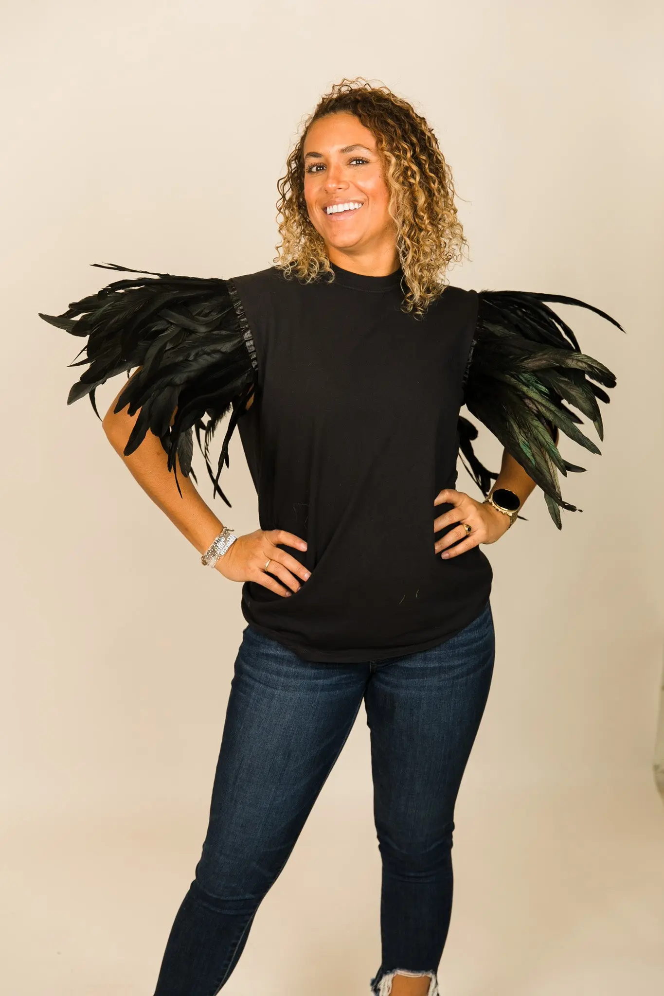 Black Tee with Black Feather Sleeve - Image 6