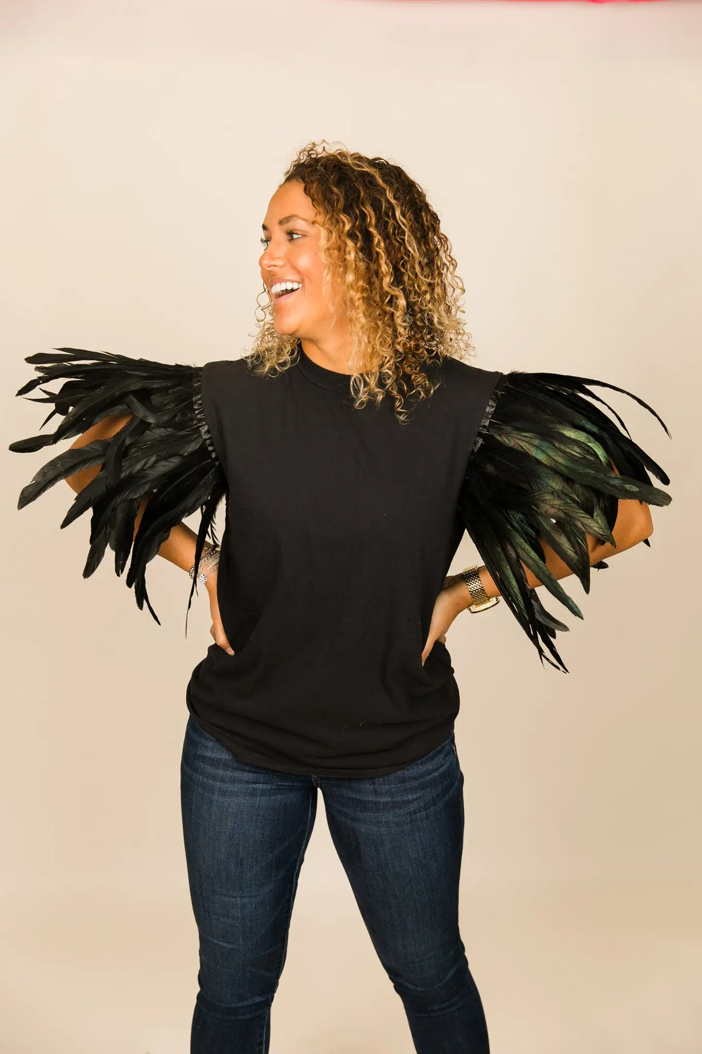 Black Tee with Black Feather Sleeve - Image 8