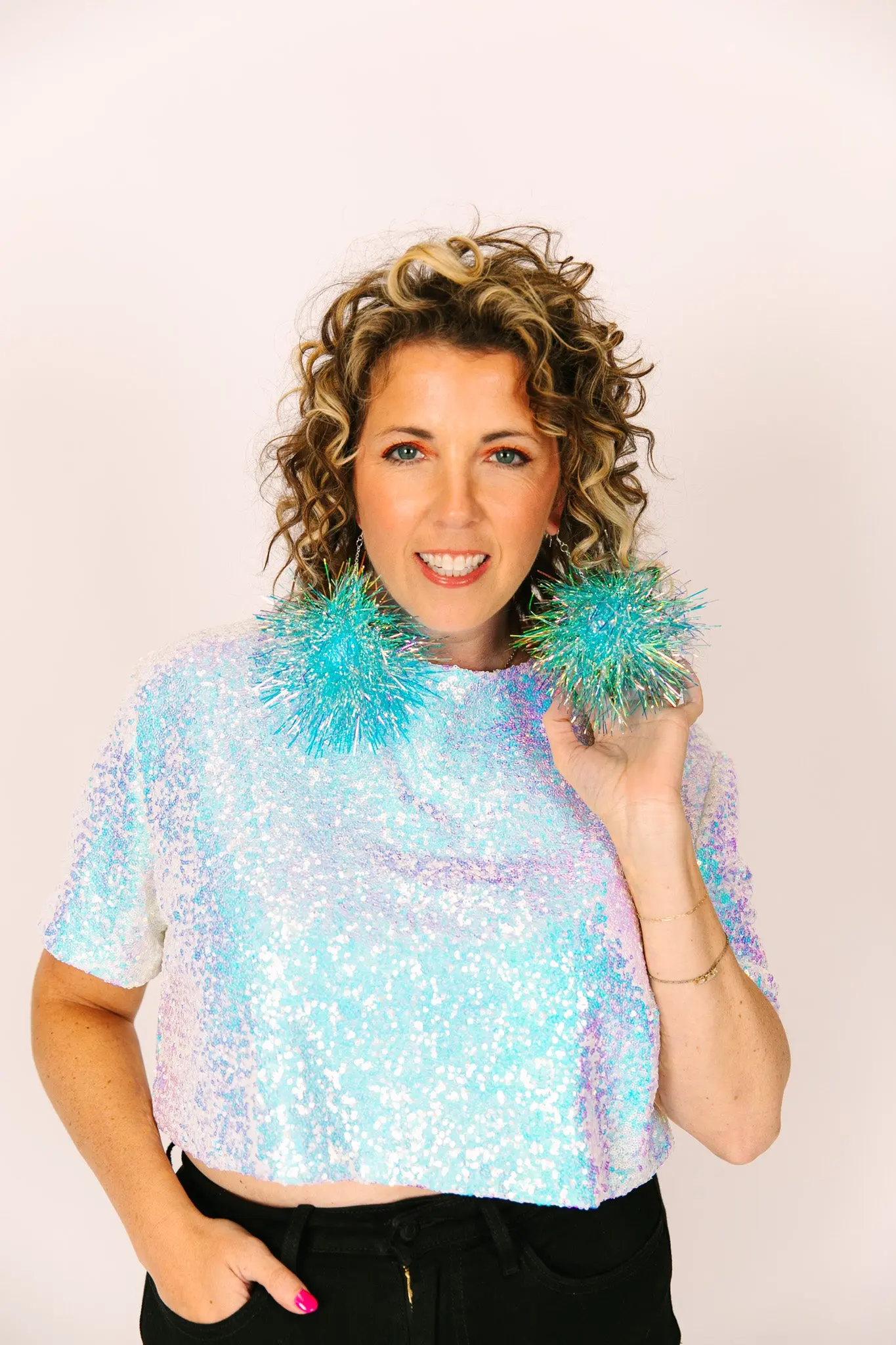 Blue Iridescent Party Pom Earrings - Image 7