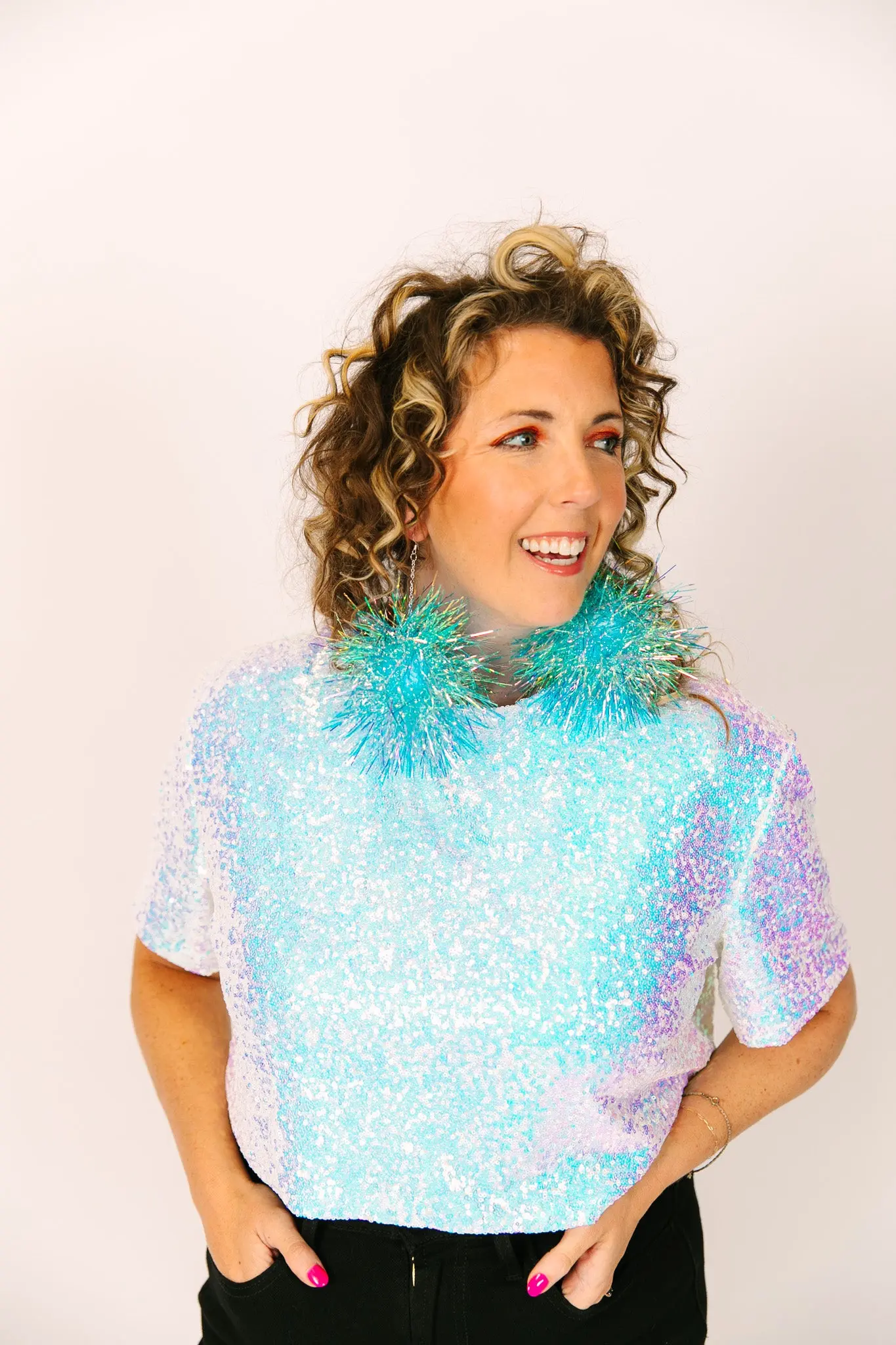 Blue Iridescent Party Pom Earrings - Image 8
