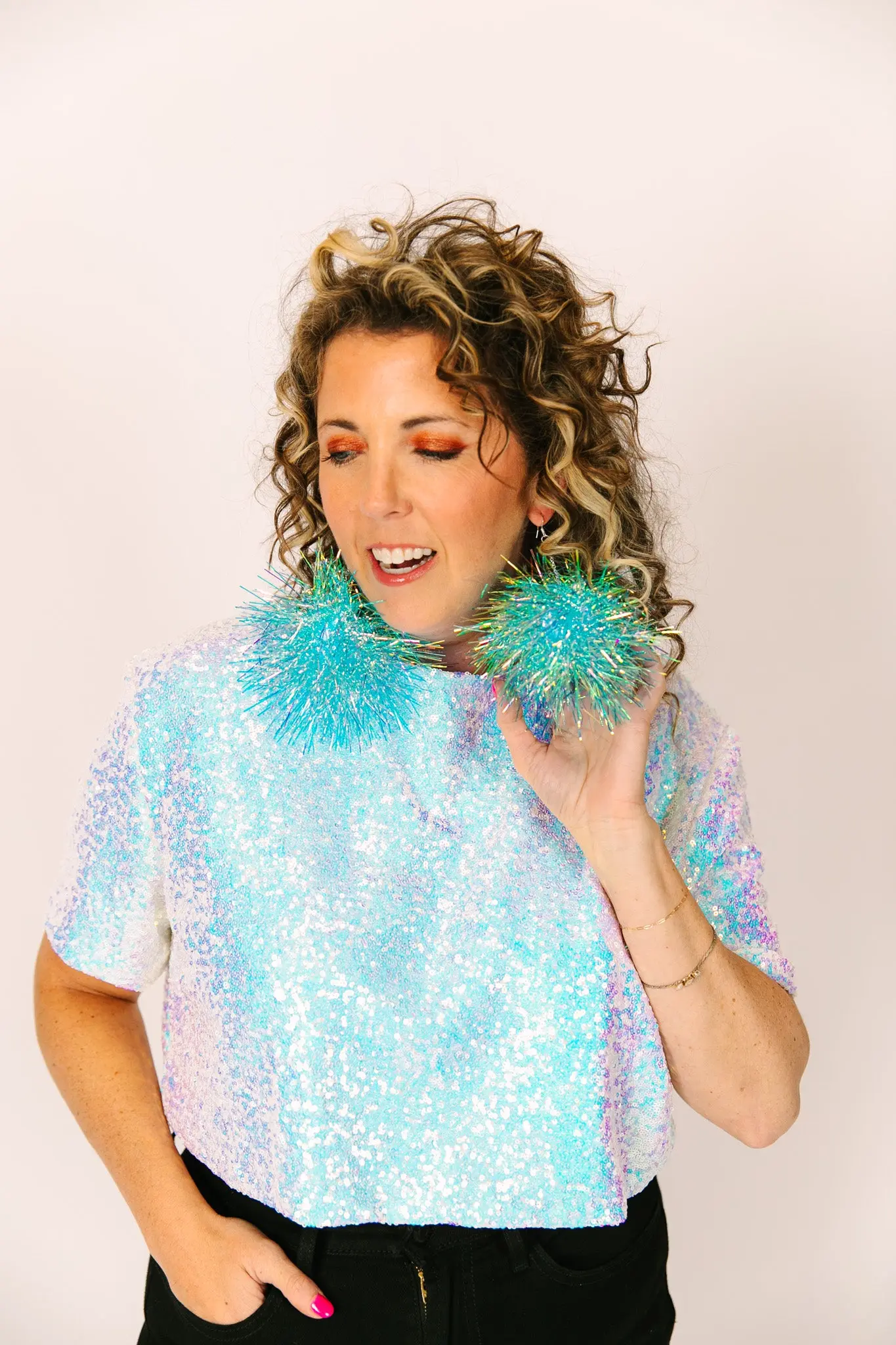 Blue Iridescent Party Pom Earrings - Image 9