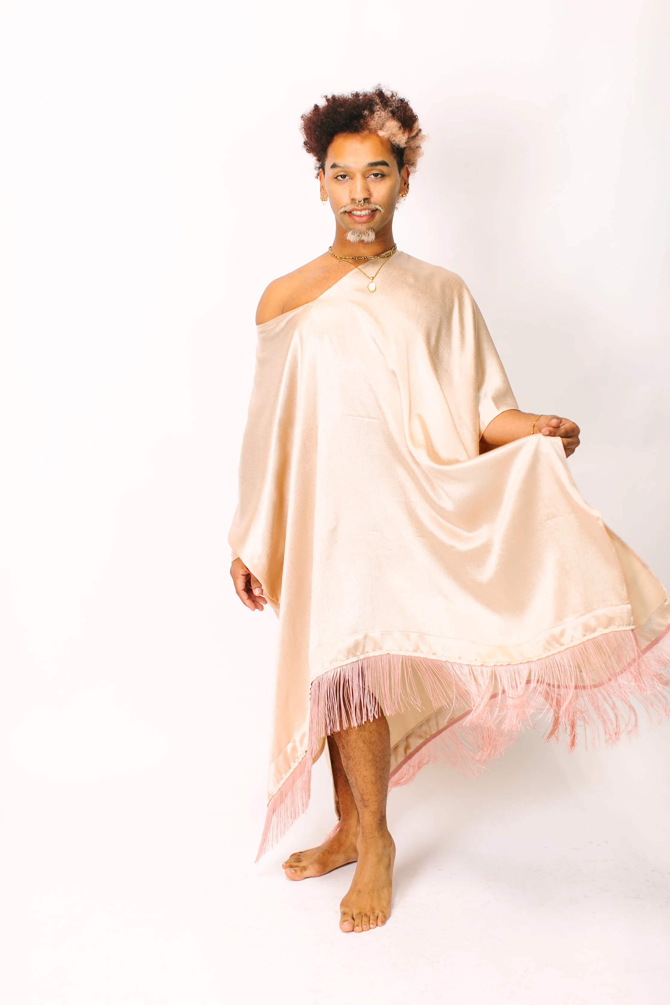Champagne Satin Mid Caftan w/Fringe - Image 10