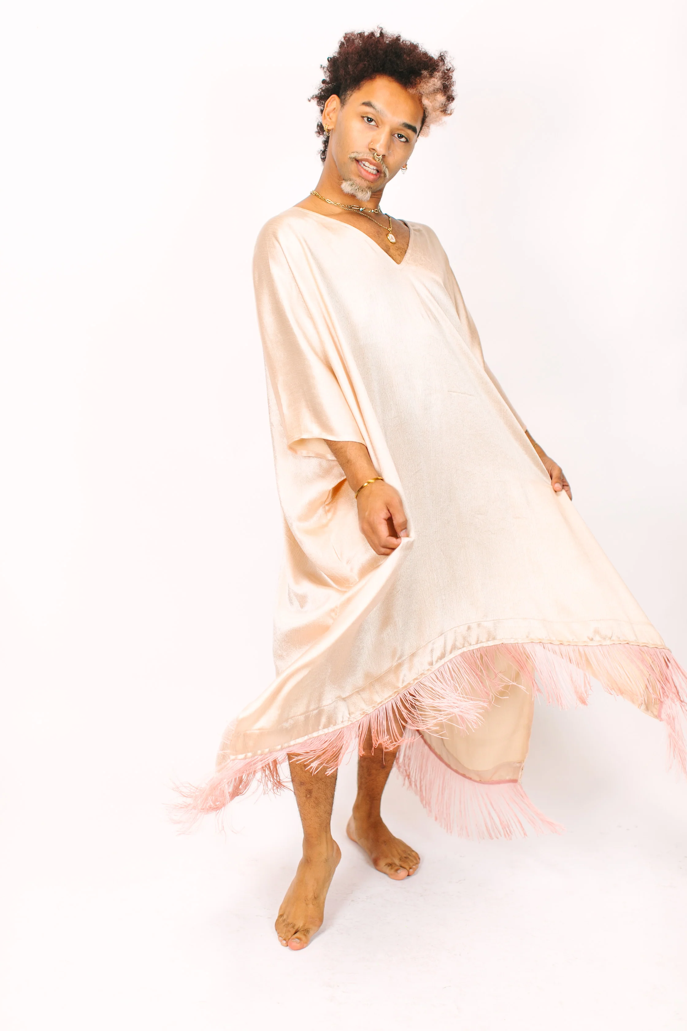 Champagne Satin Mid Caftan w/Fringe - Image 3