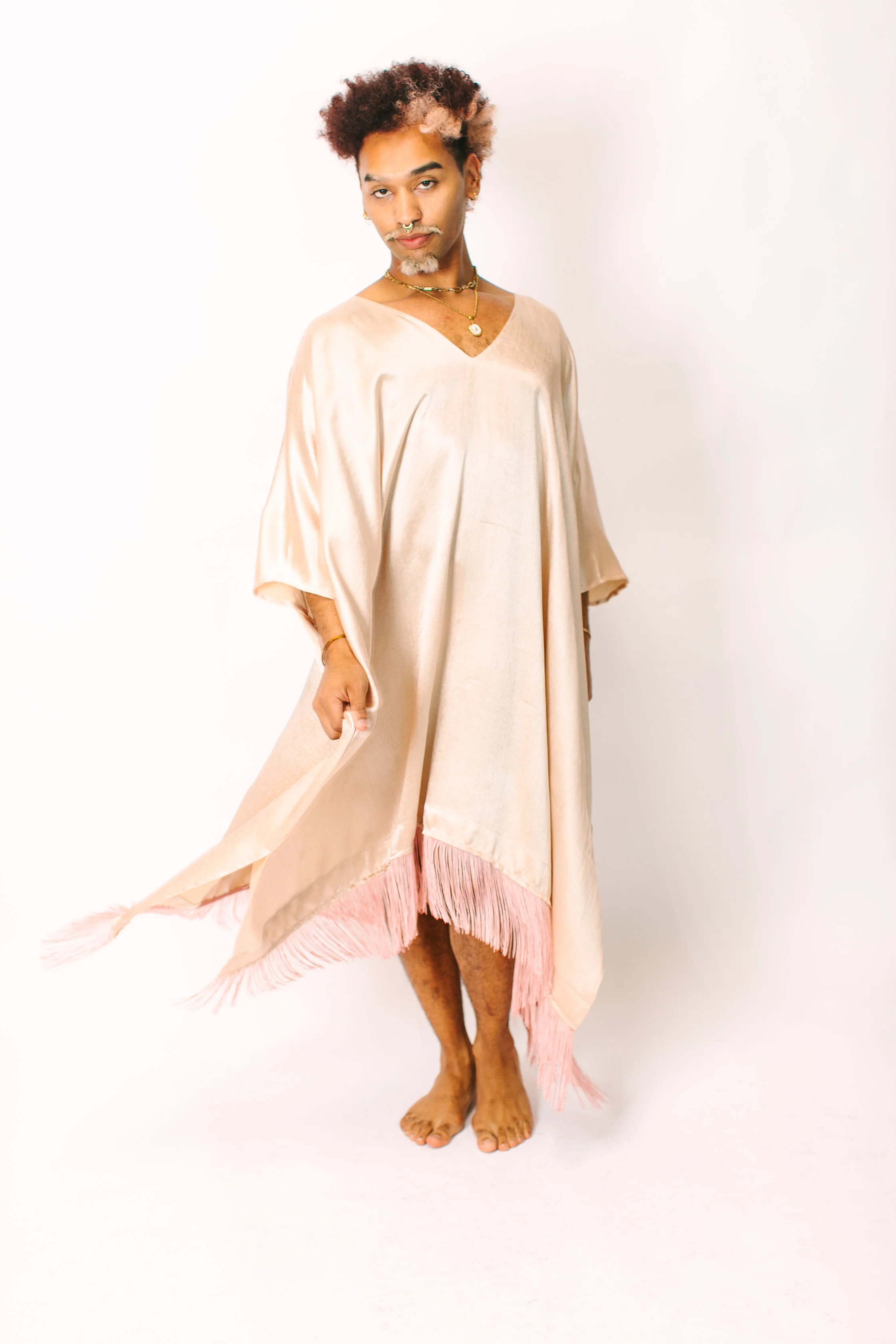 Champagne Satin Mid Caftan w/Fringe - Image 5