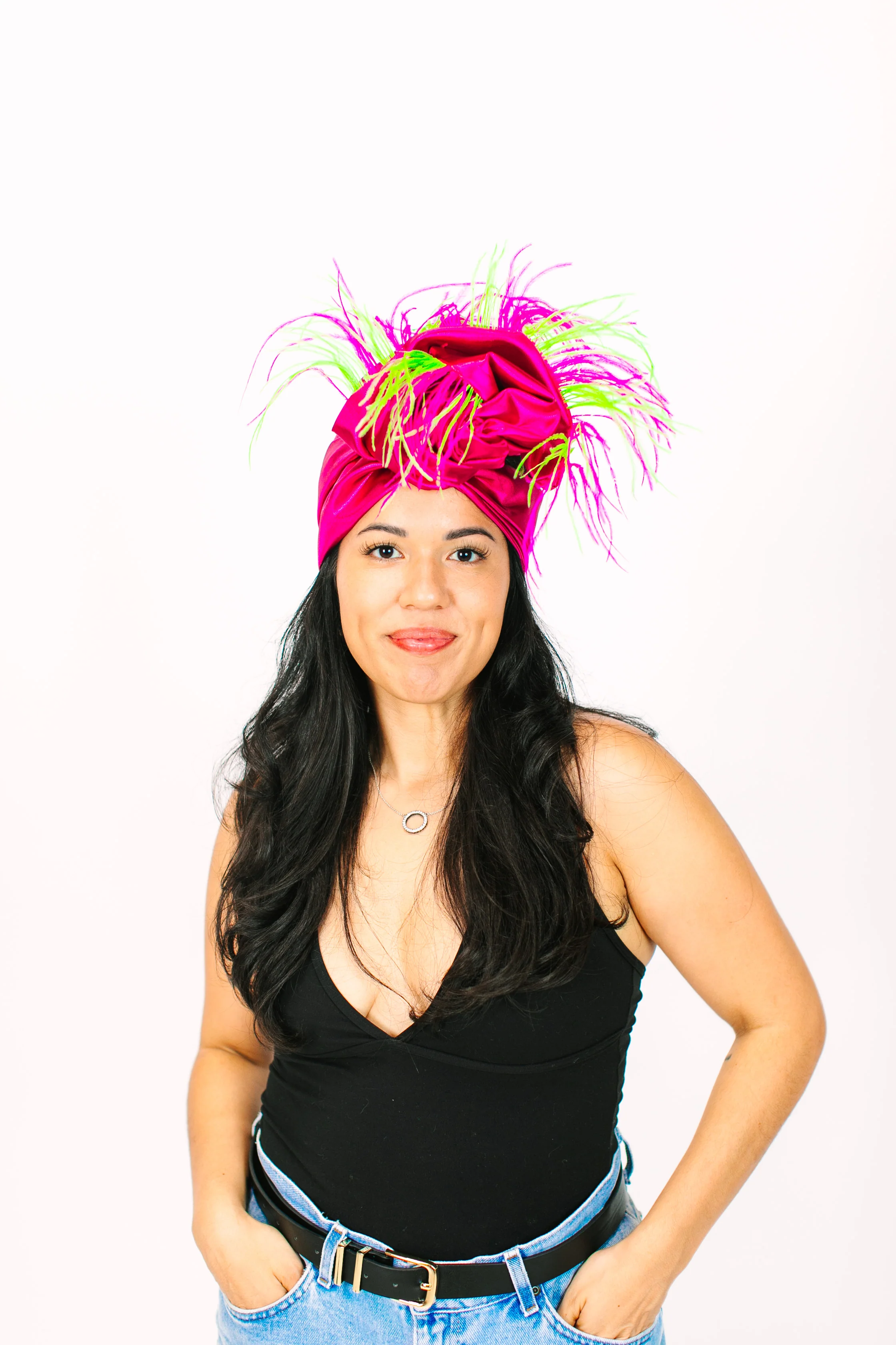 Fuchsia Lame With Pink & Green Ostrich Feathers - Image 2