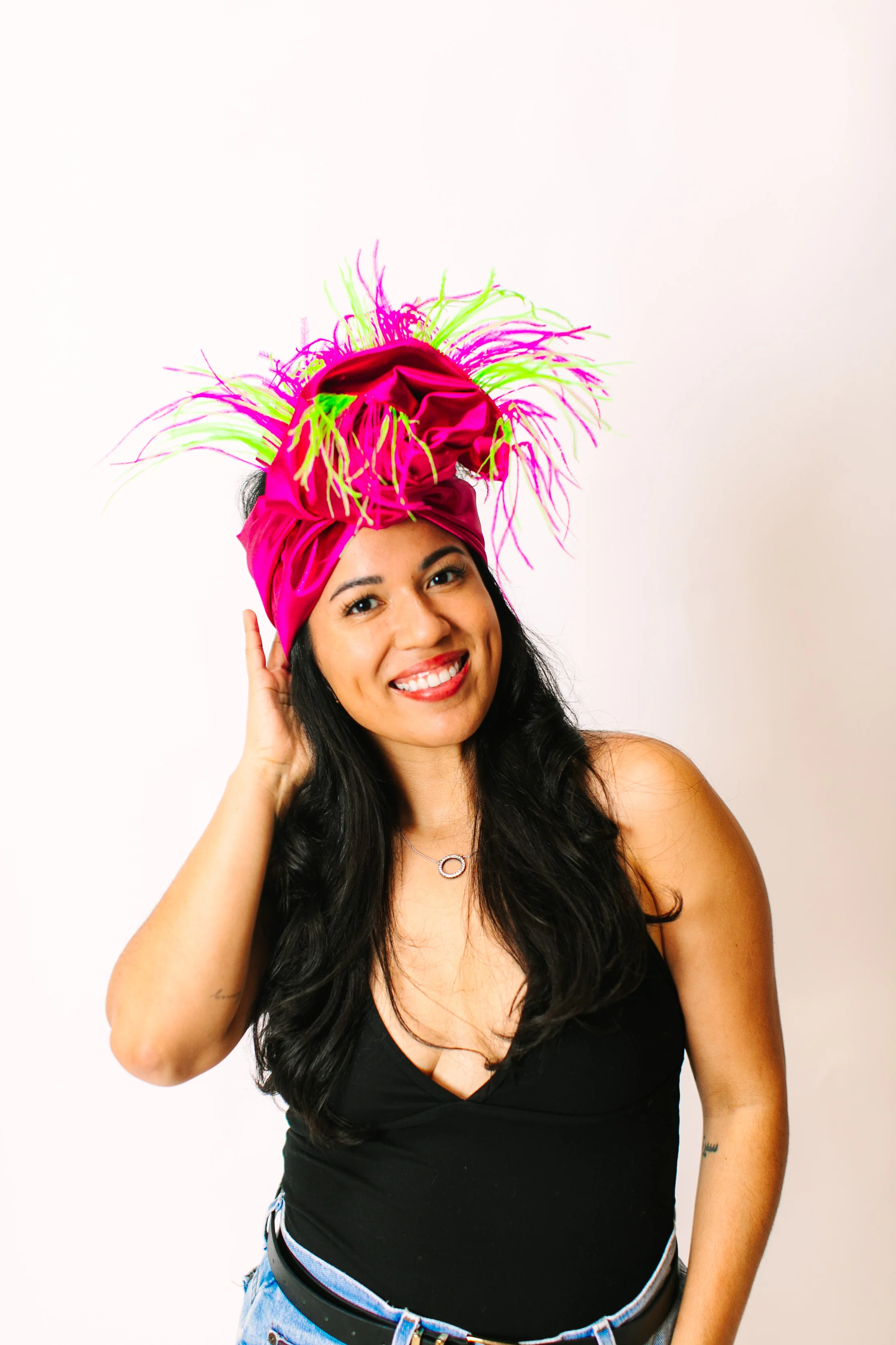 Fuchsia Lame With Pink & Green Ostrich Feathers - Image 4