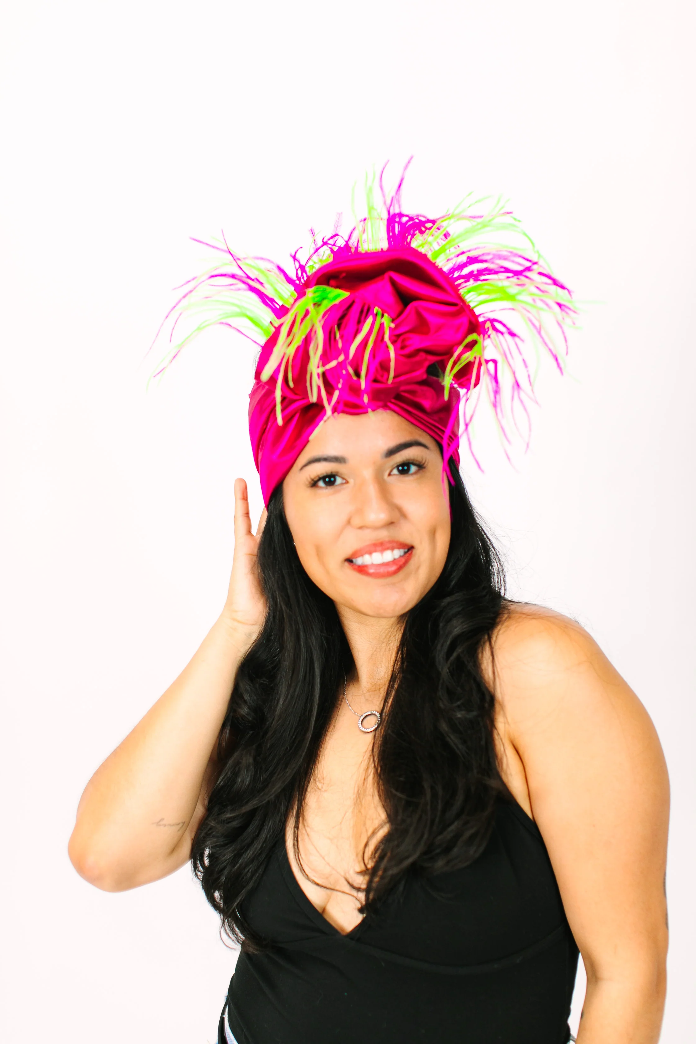 Fuchsia Lame With Pink & Green Ostrich Feathers - Image 5