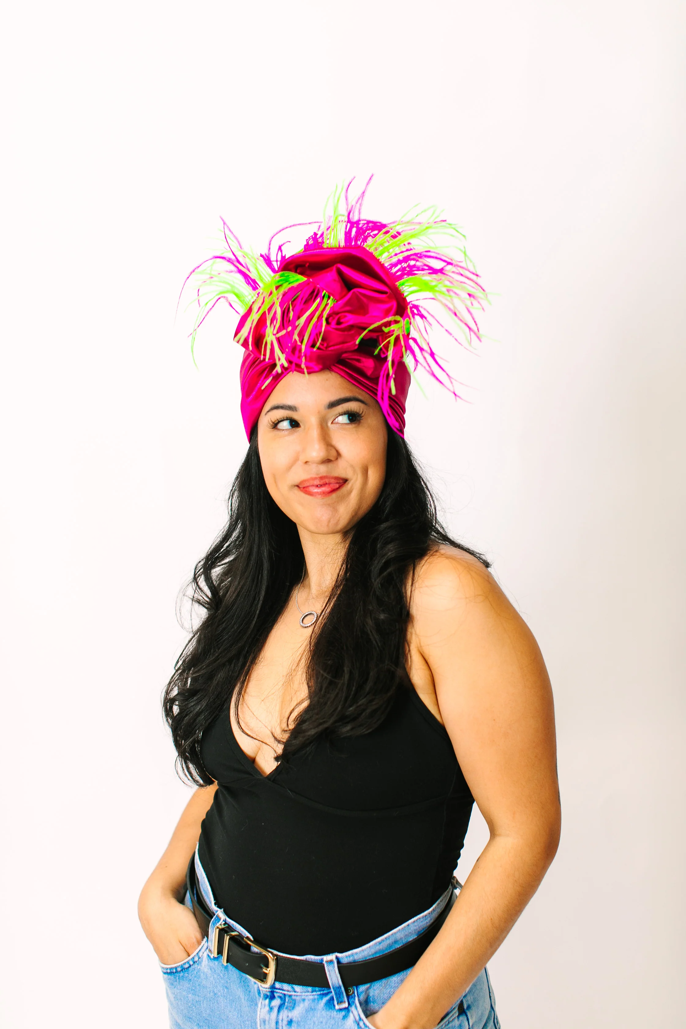 Fuchsia Lame With Pink & Green Ostrich Feathers - Image 9