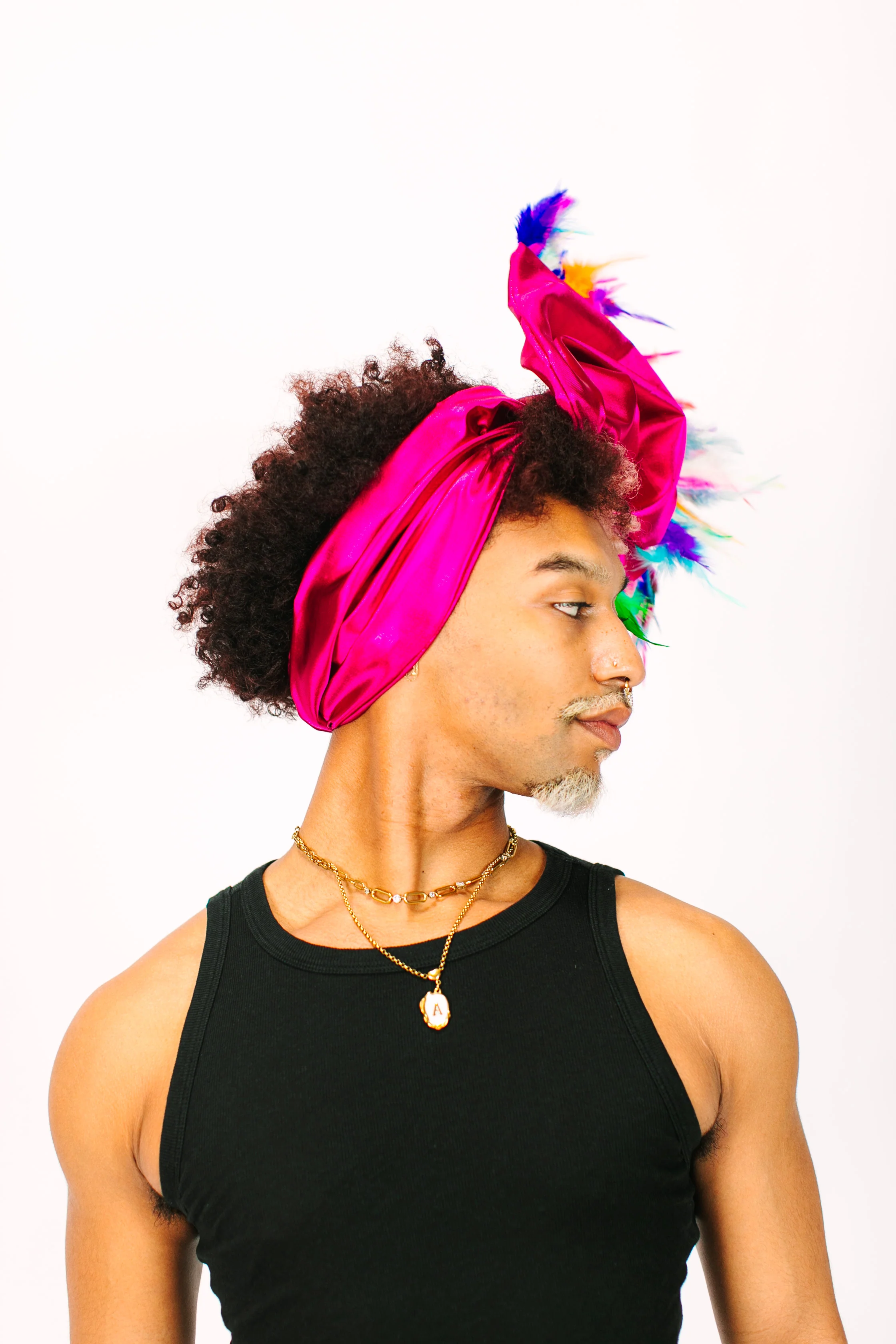 Fuchsia Lame With Rainbow Short Feathers - Image 4