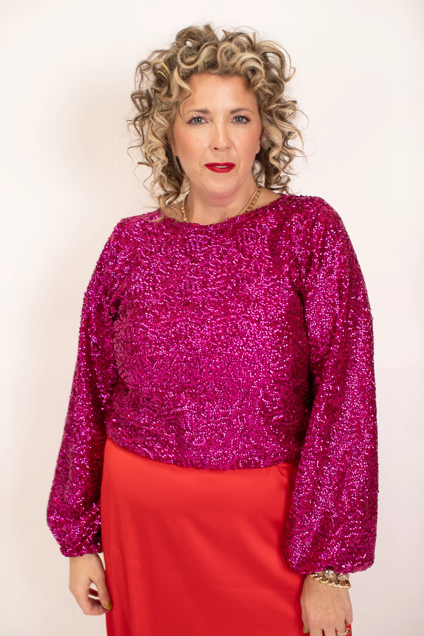 Fuchsia Sequin Long Sleeve Crop Top - Image 6