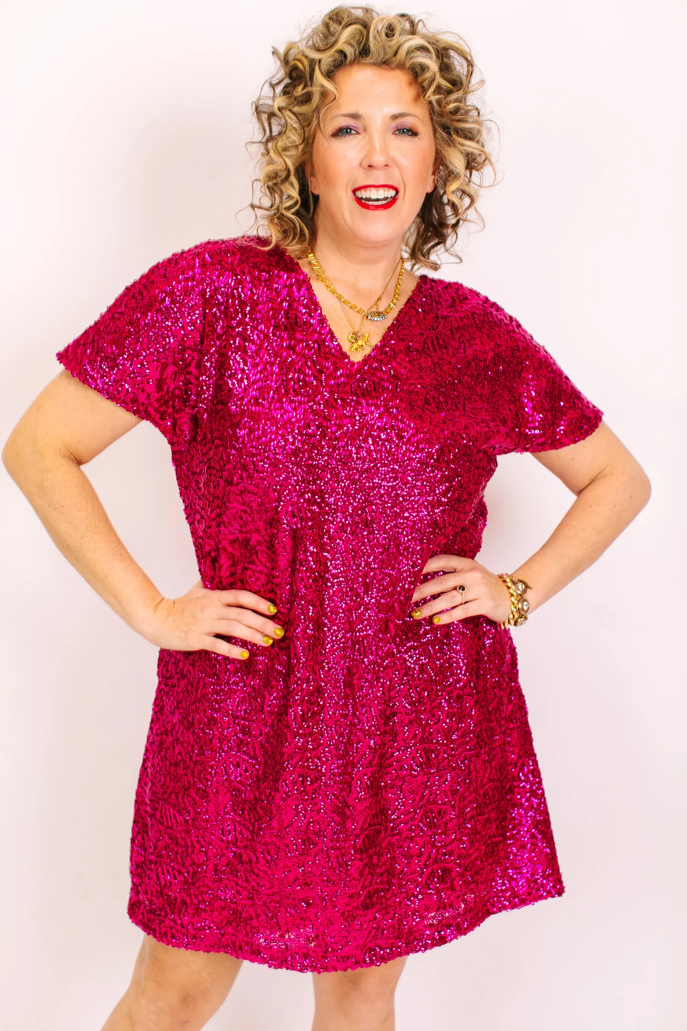Fuchsia Sequin V-Neck Dress - Image 2
