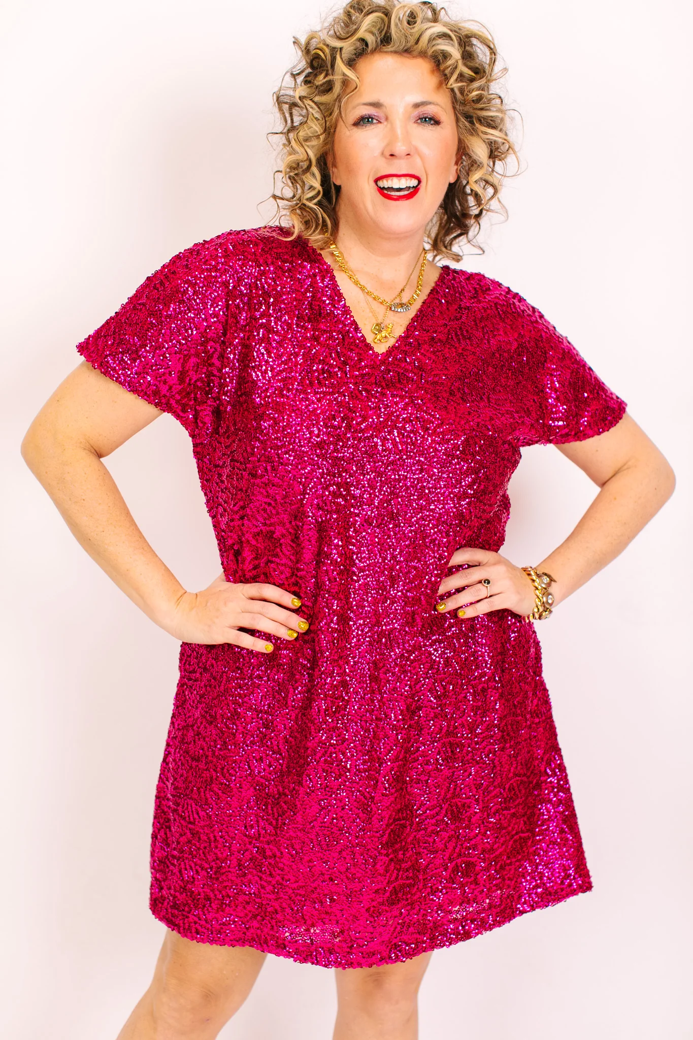 Fuchsia Sequin V-Neck Dress - Image 6