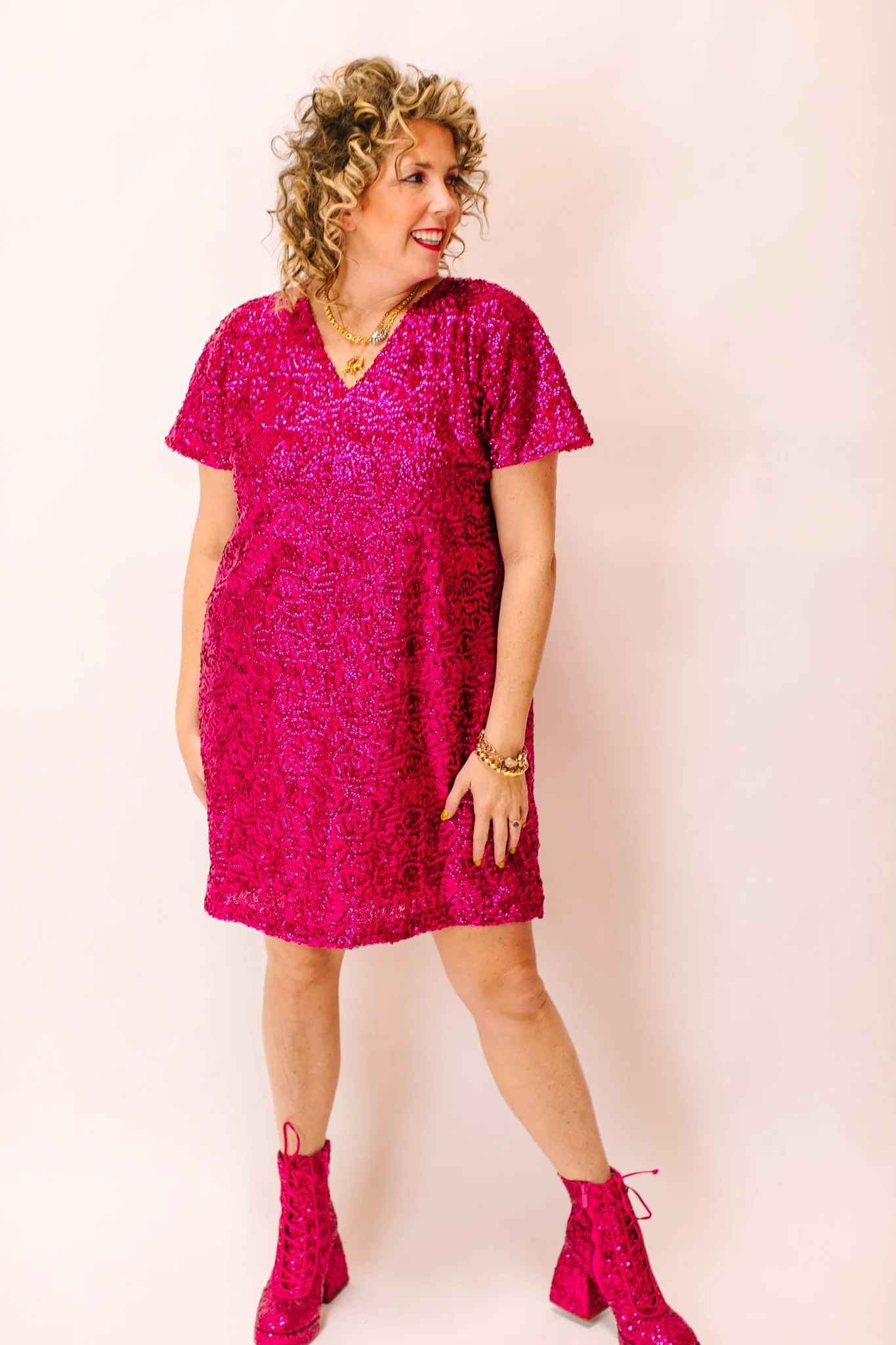 Fuchsia Sequin V-Neck Dress - Image 9