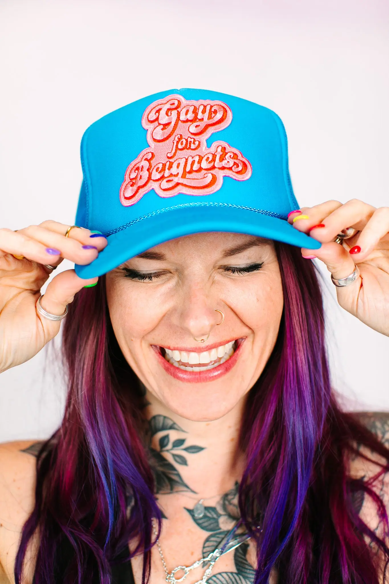 Gay For Beignets Light Blue Trucker - Image 2