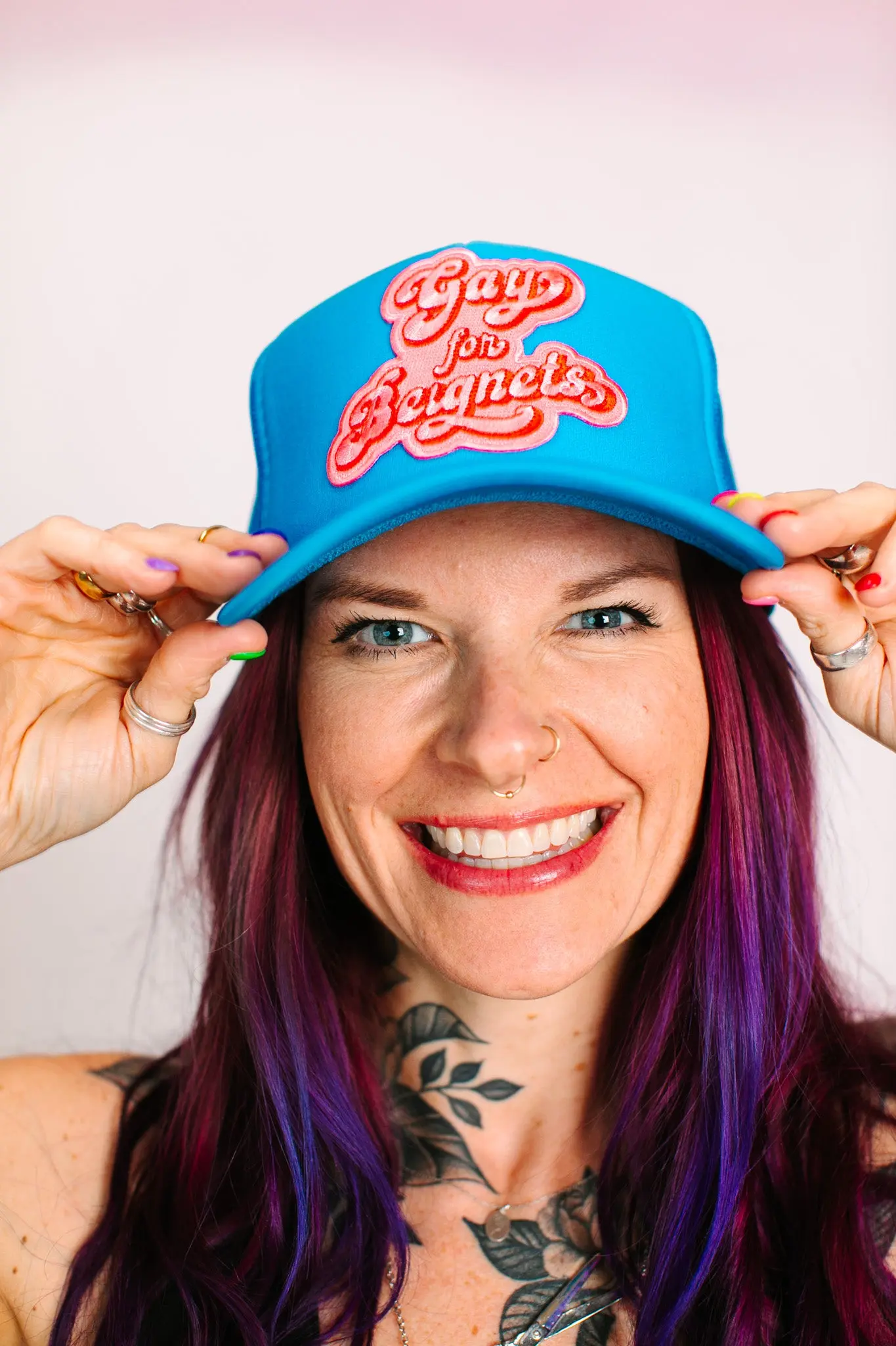 Gay For Beignets Light Blue Trucker - Image 4