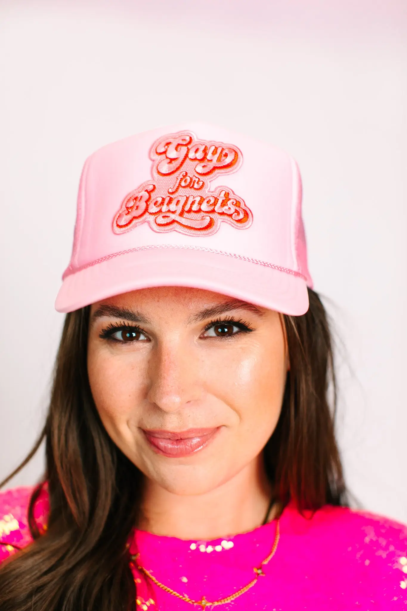 Gay For Beignets Light Pink Trucker - Image 10