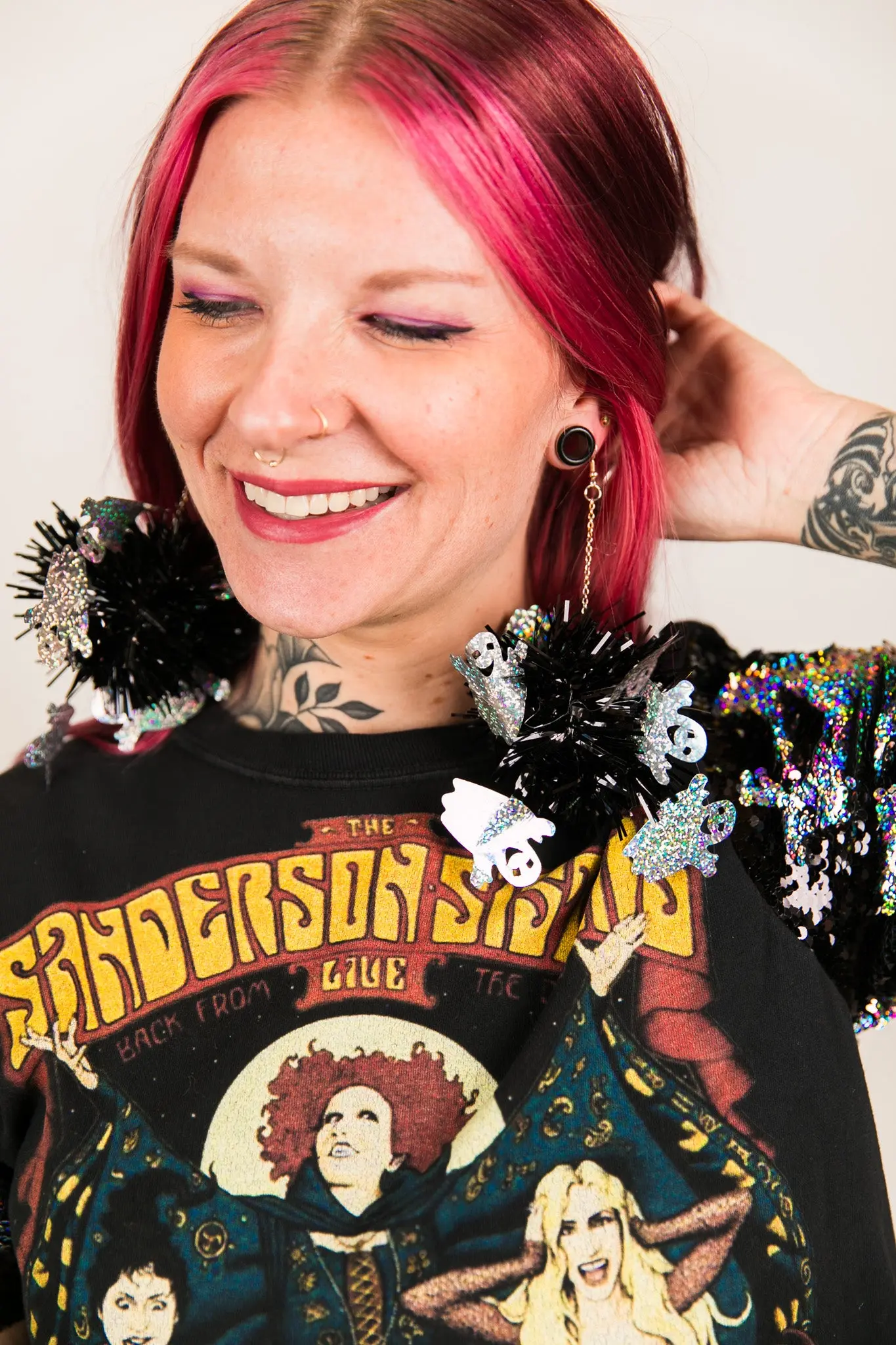 Ghosty Tinsel Party Pom Pom Earrings - Image 6