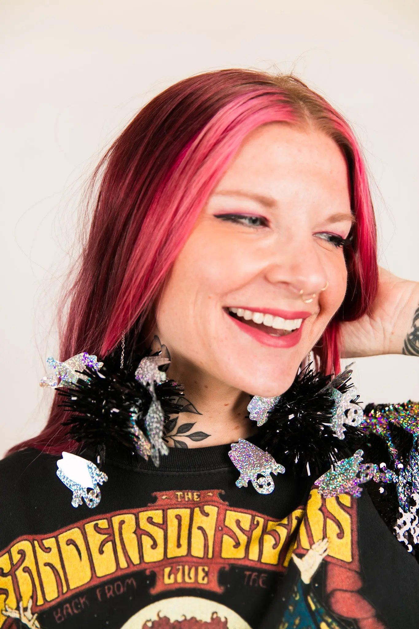 Ghosty Tinsel Party Pom Pom Earrings - Image 7