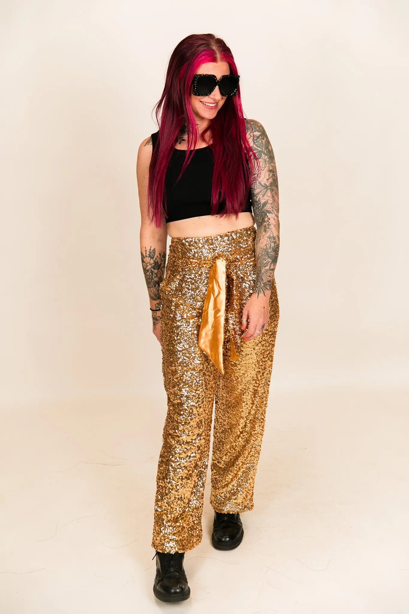 Gold High Waisted Sequin Party Pants - Image 5