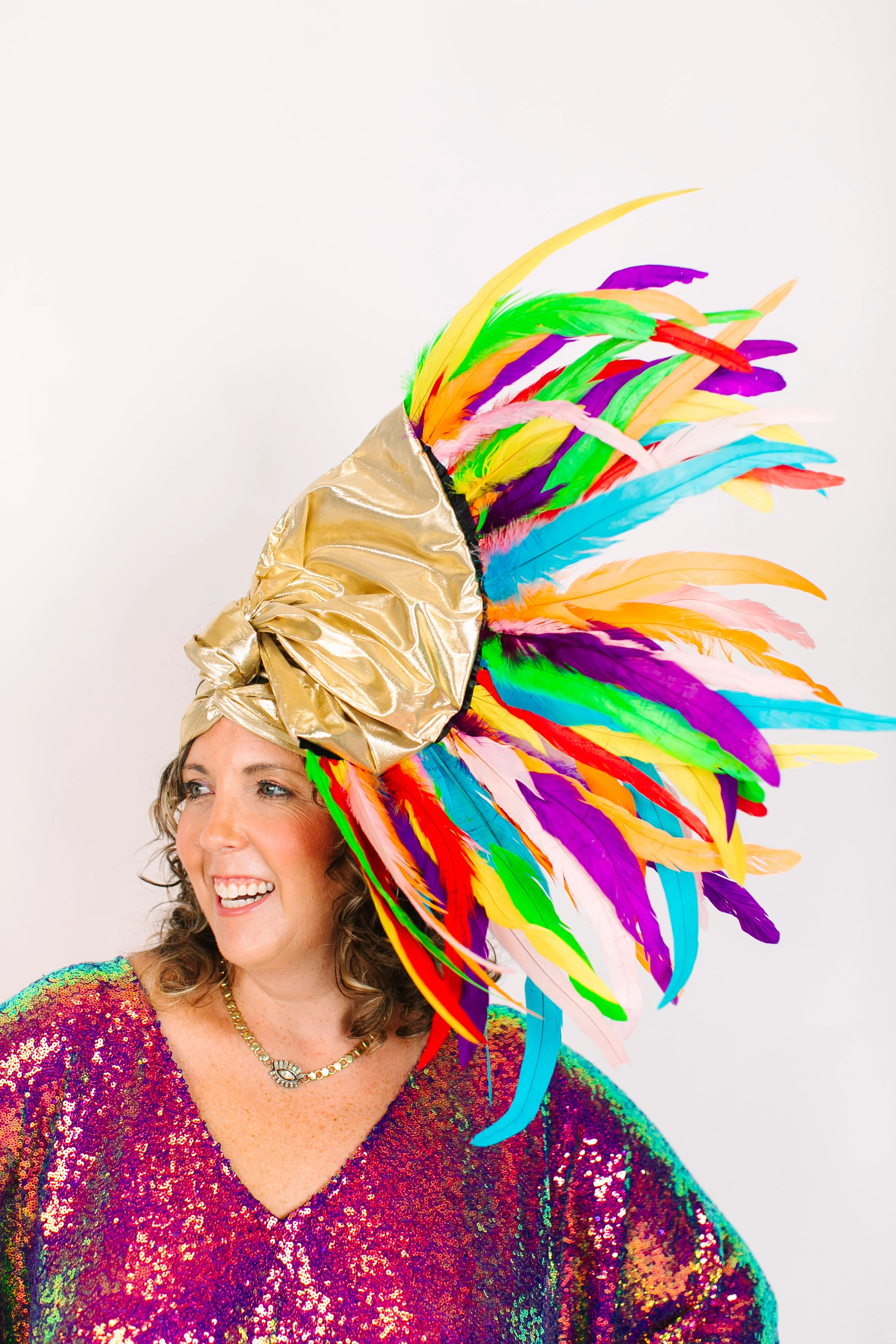 Gold Lame With Rainbow Feathers - Image 2