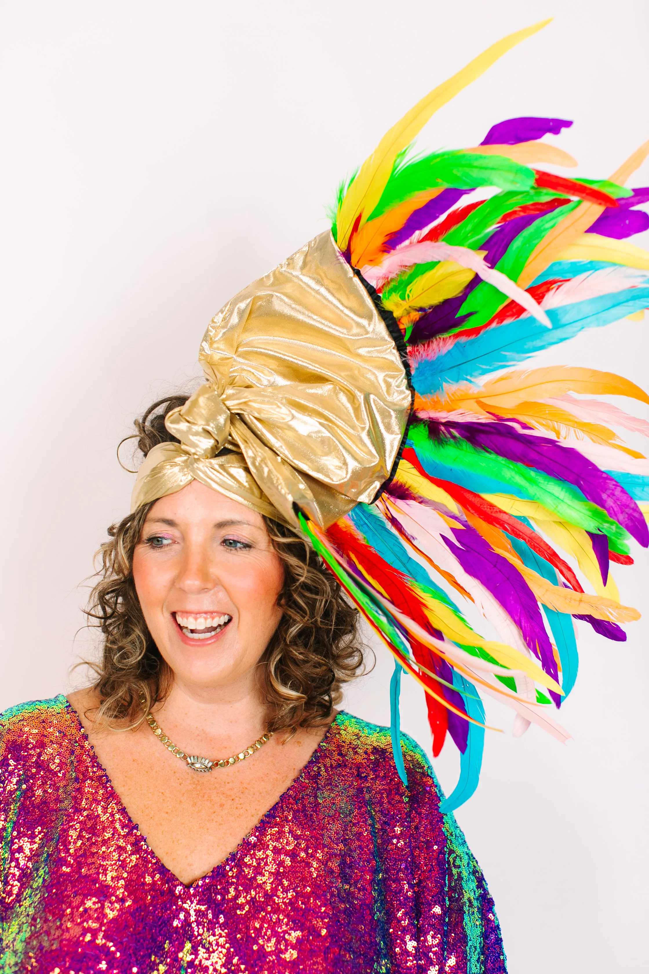 Gold Lame With Rainbow Feathers - Image 3