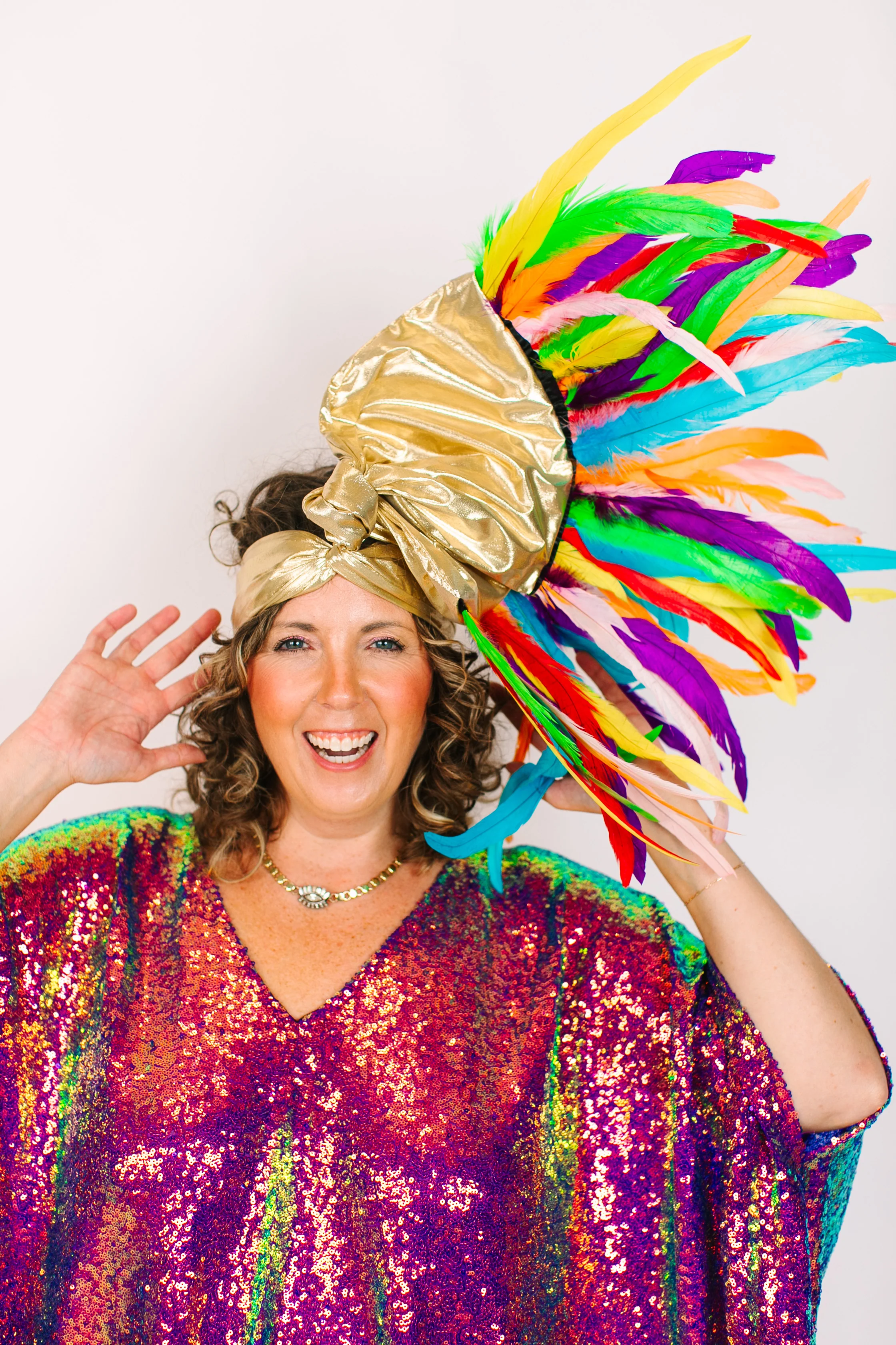 Gold Lame With Rainbow Feathers - Image 4