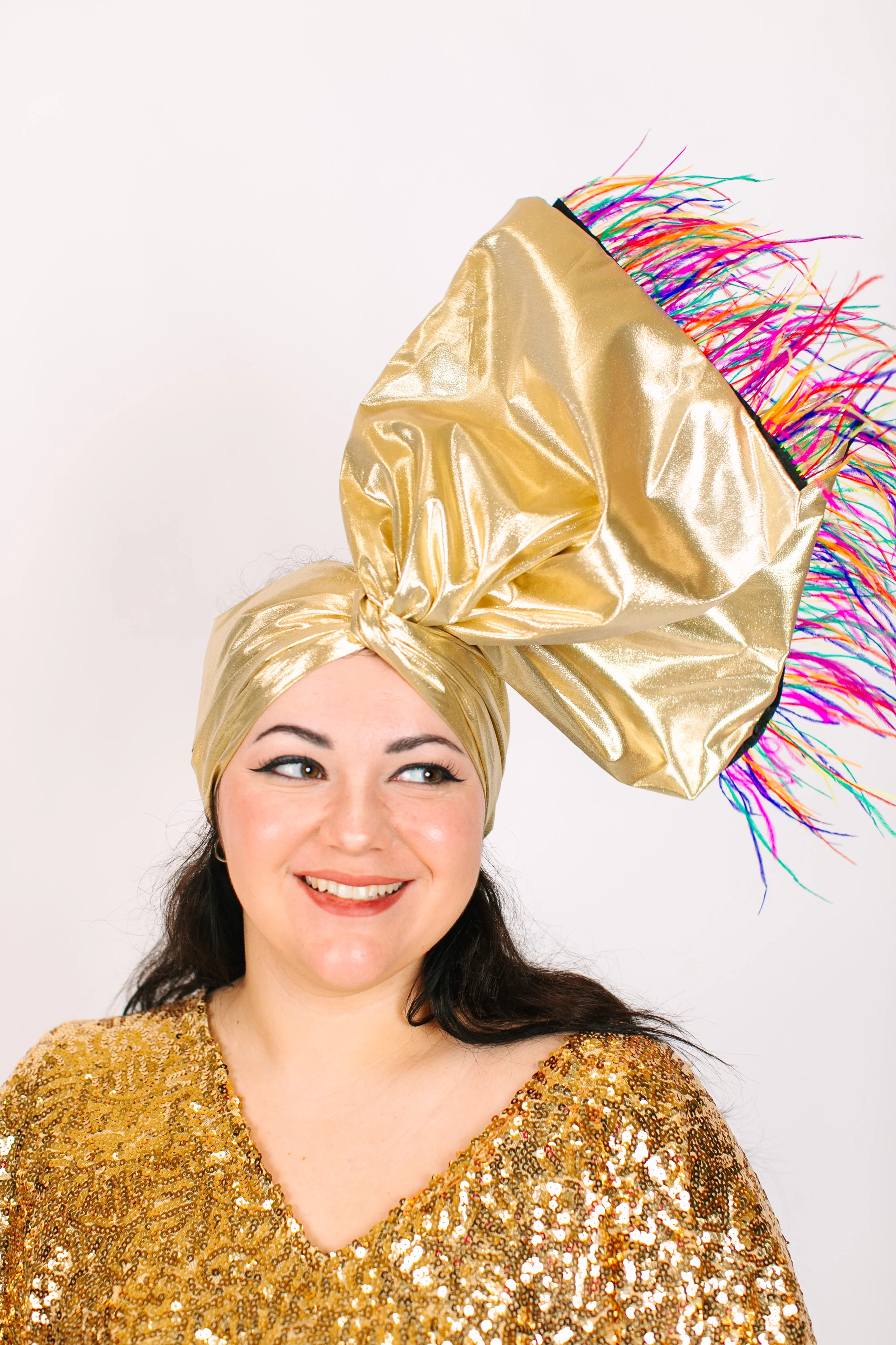 Gold Lame With Rainbow Ostrich Feathers