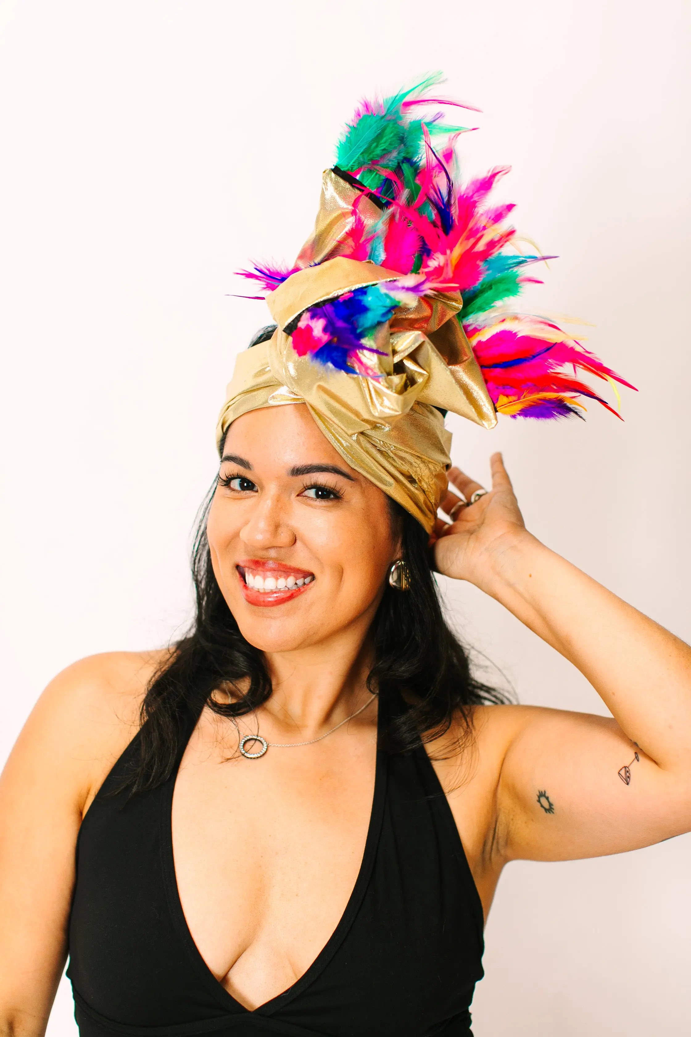 Gold Lame With Rainbow Short Feathers