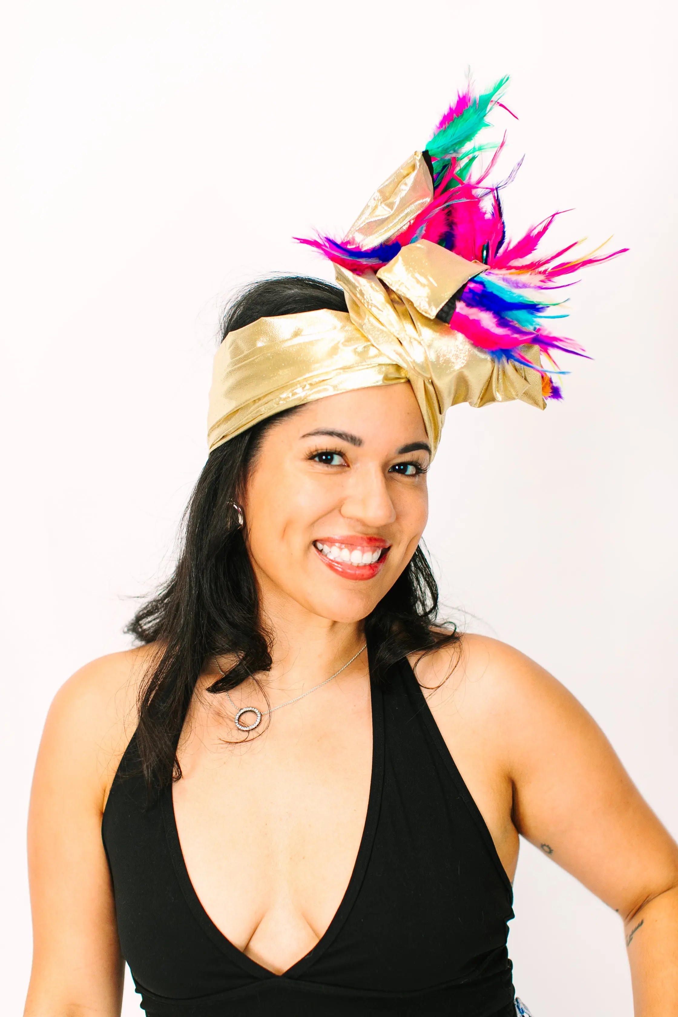 Gold Lame With Rainbow Short Feathers - Image 2