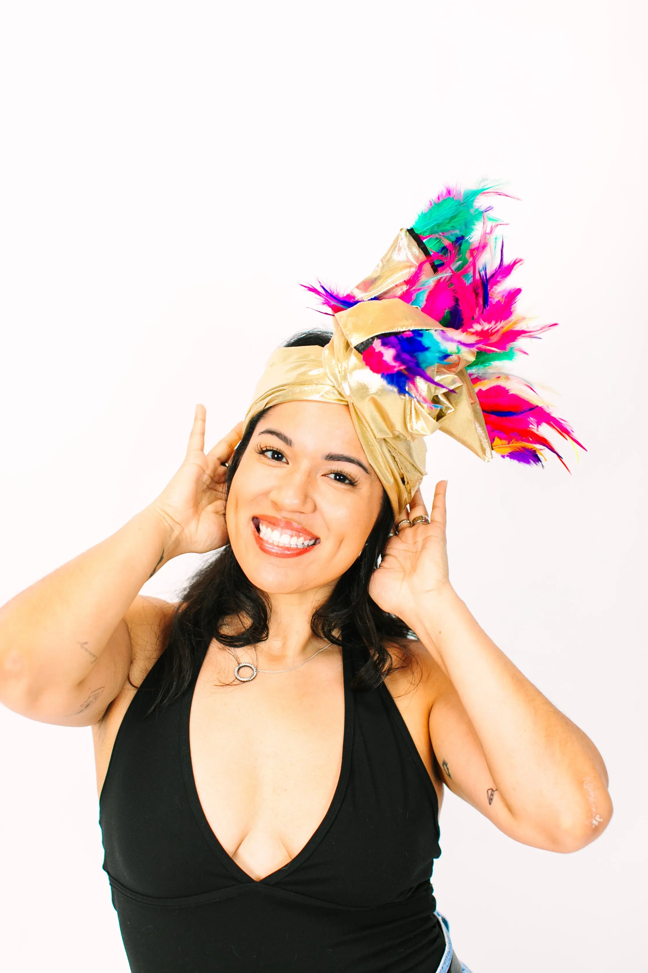 Gold Lame With Rainbow Short Feathers - Image 4