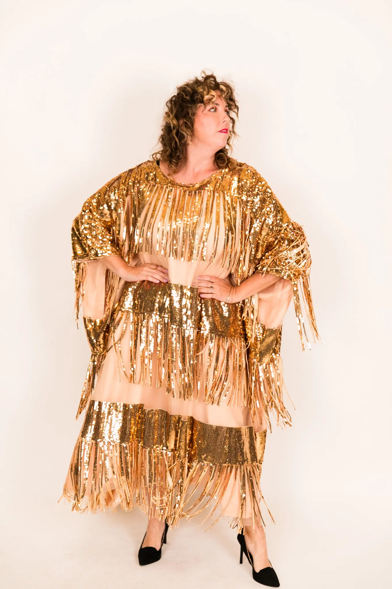 Gold Sequin Fringe Long Caftan