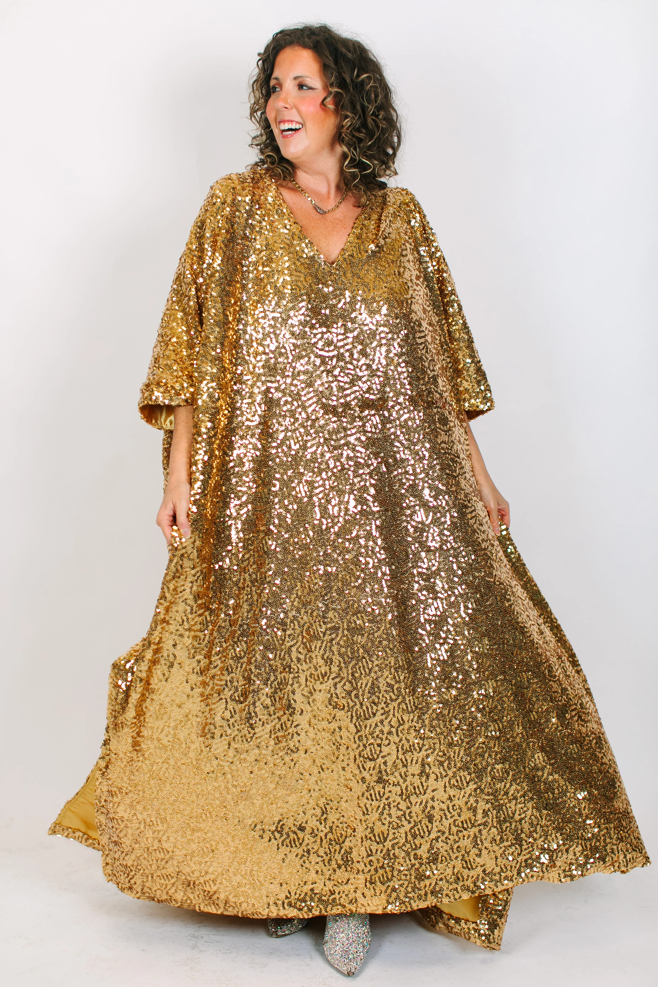 Gold Sequin Long Caftan Satin Lined - Image 2