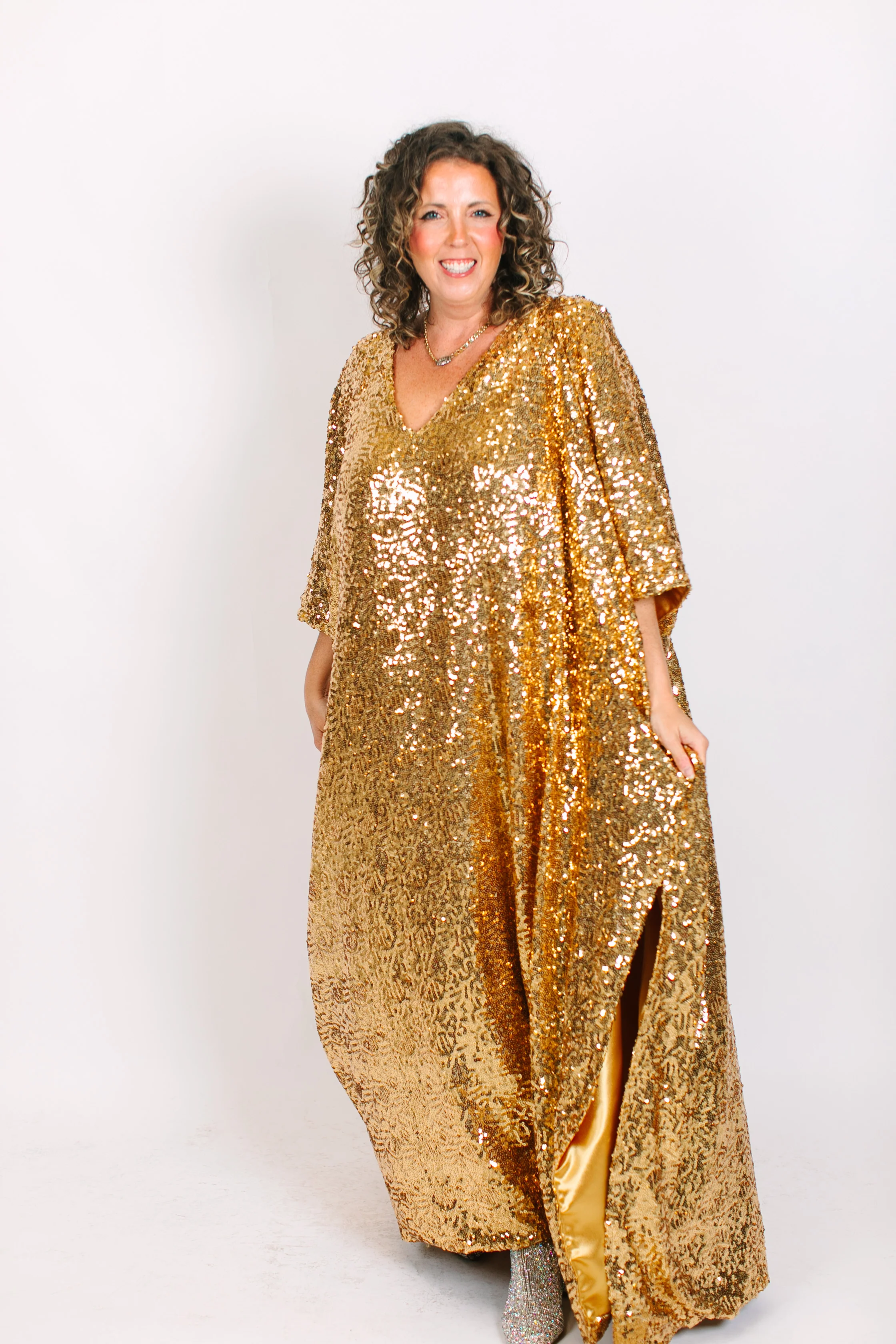 Gold Sequin Long Caftan Satin Lined - Image 3