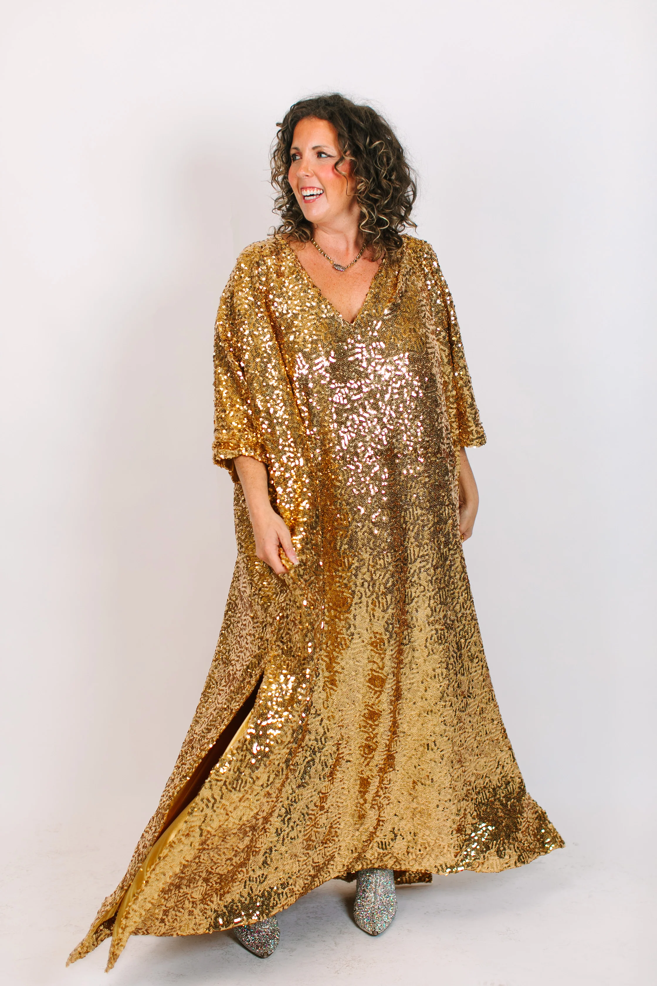 Gold Sequin Long Caftan Satin Lined - Image 4