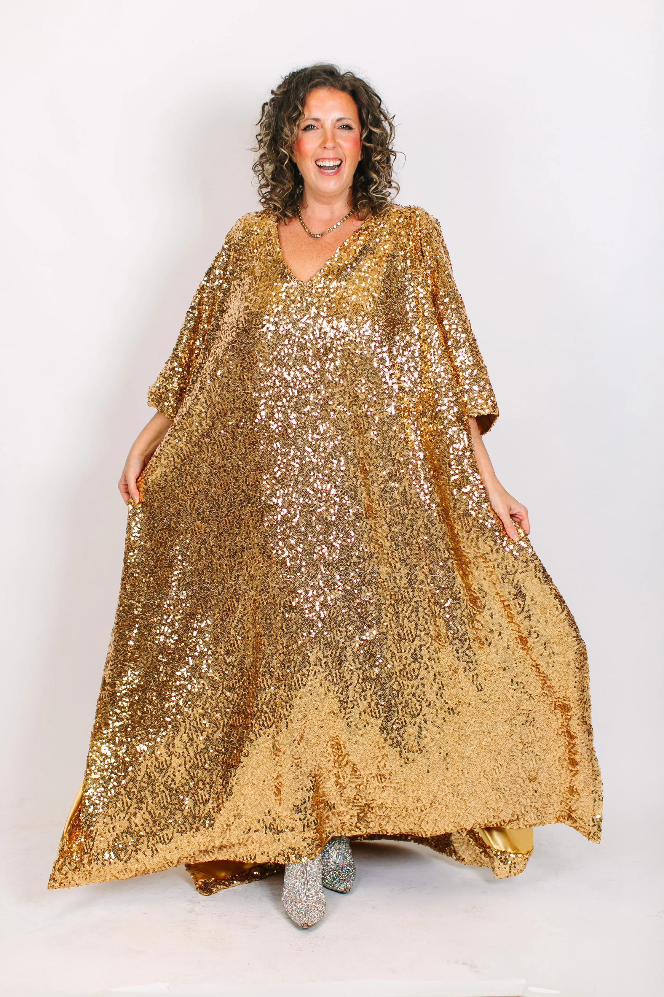 Gold Sequin Long Caftan Satin Lined - Image 5