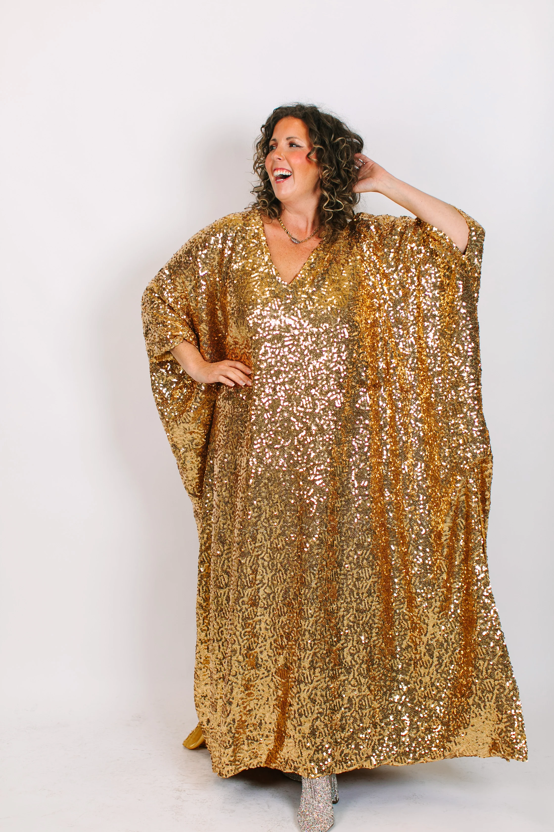 Gold Sequin Long Caftan Satin Lined - Image 6