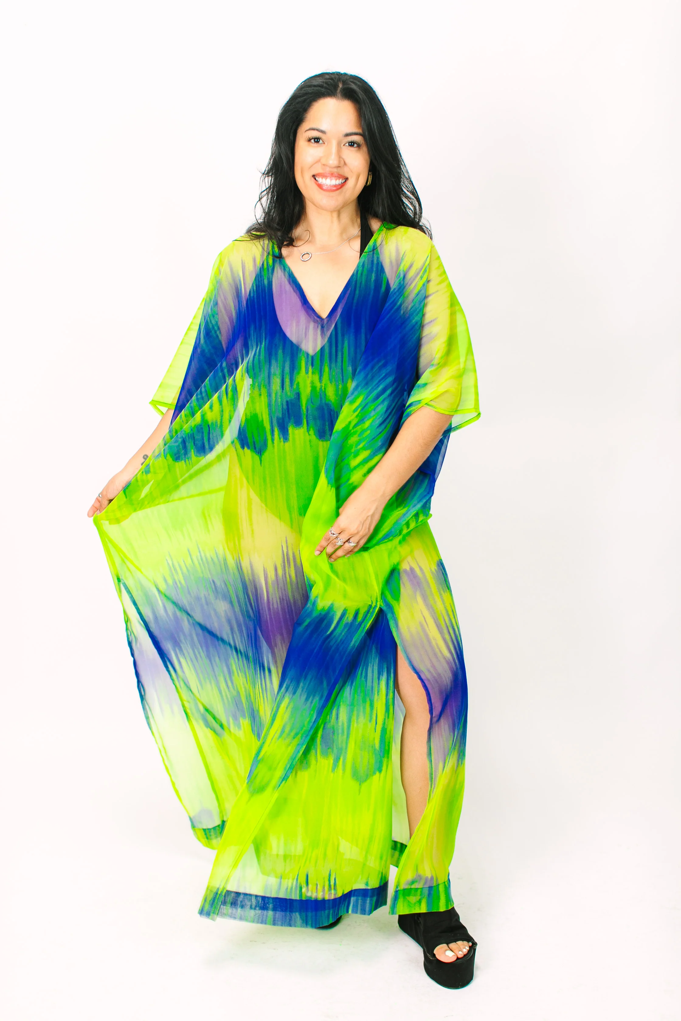 Green & Blue Tie Dye Sheer Long Caftan