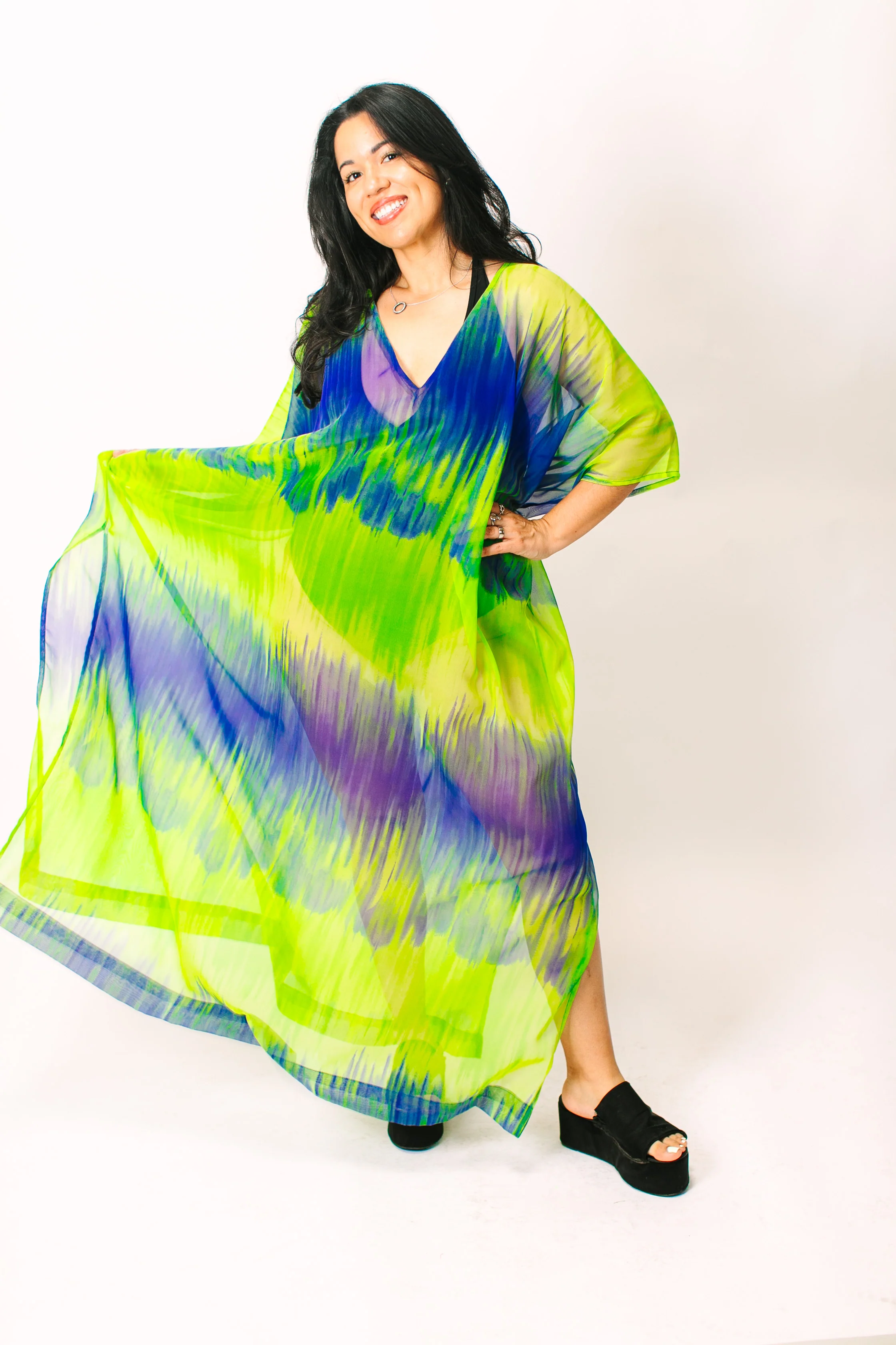 Green & Blue Tie Dye Sheer Long Caftan - Image 10
