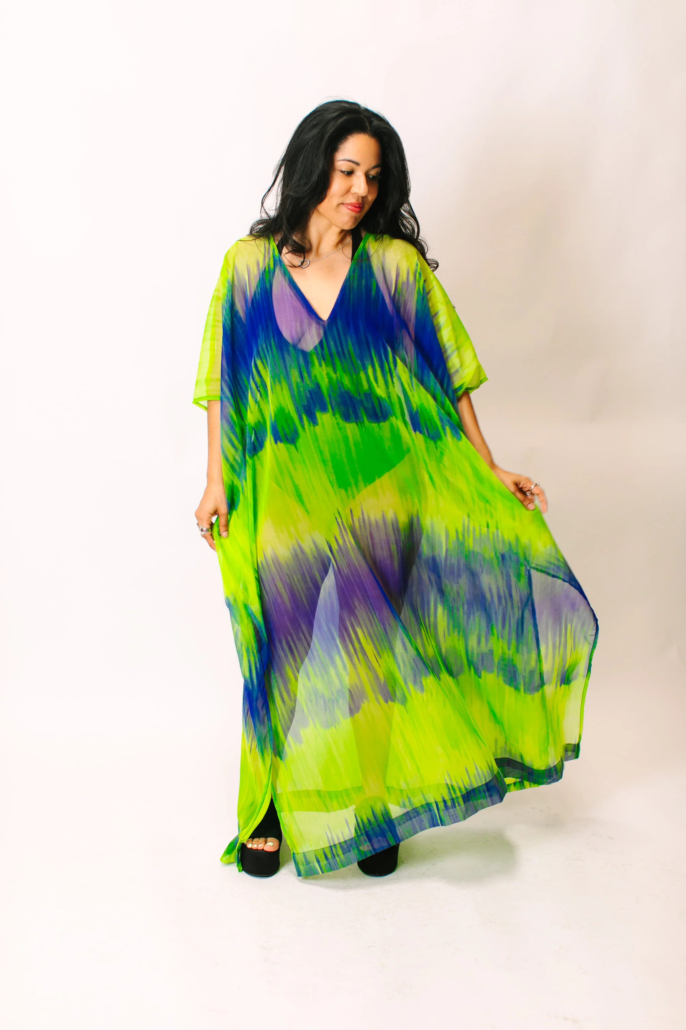 Green & Blue Tie Dye Sheer Long Caftan - Image 2